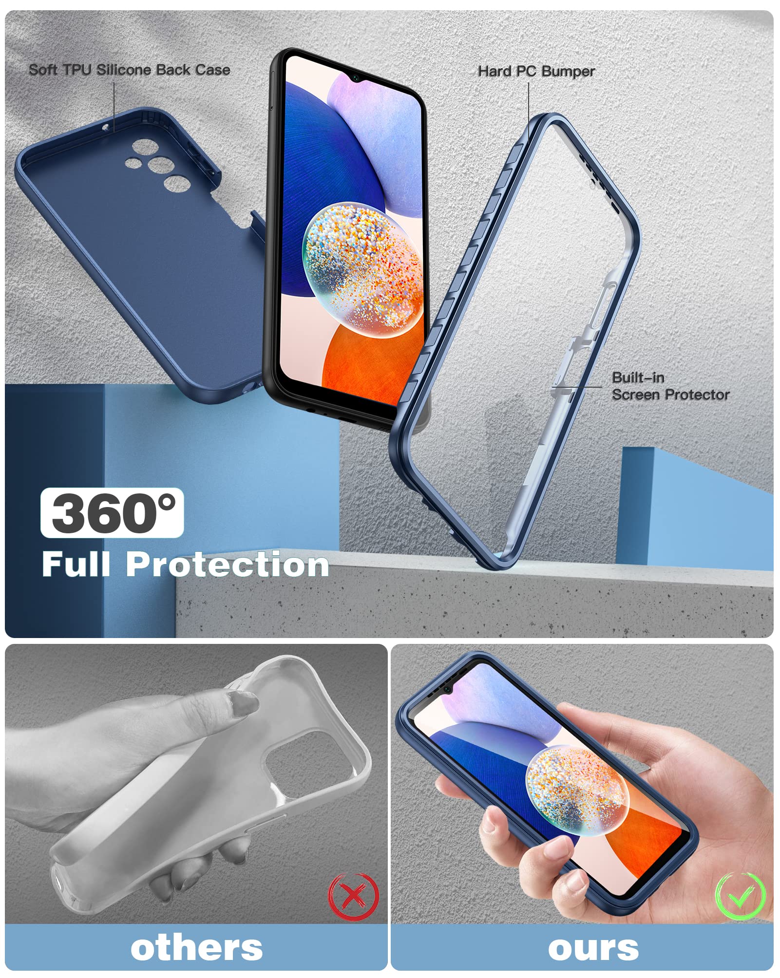 FNTCASE Samsung Galaxy A14-5G Case - Shockproof Slim TPU Cover with Built-in Screen Protector, Navy Blue, Rugged Drop Proof Protection
