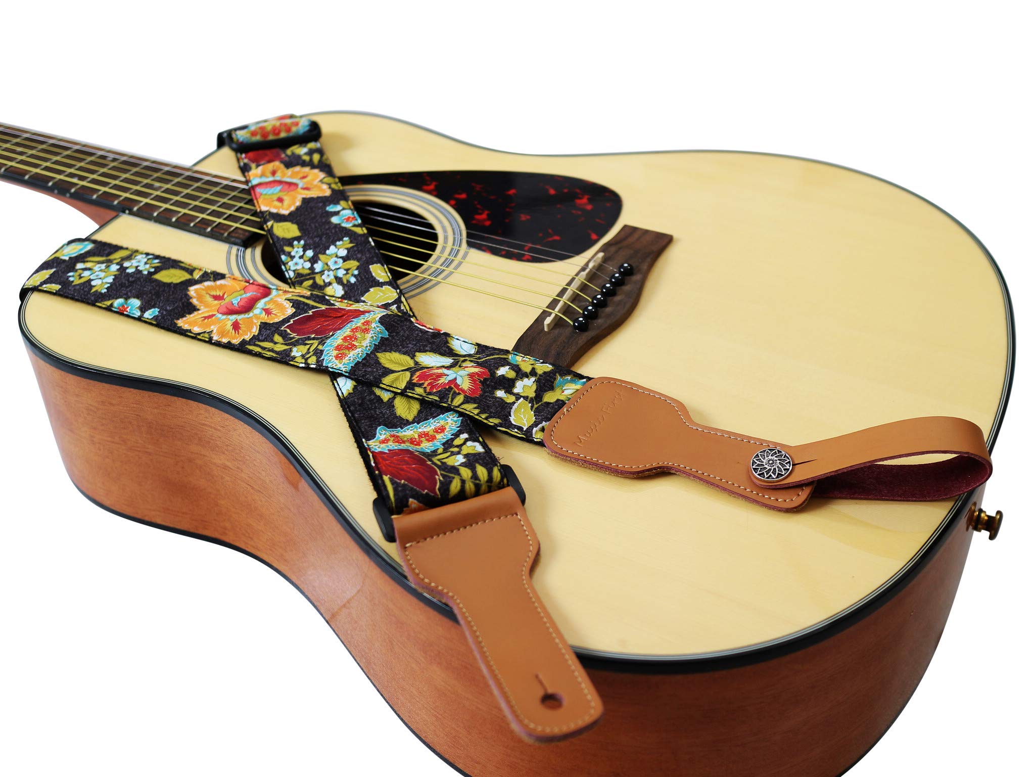 Music First Original Design, 2 Inch Width (5Cm), Vintage French Country Style Floral    Soft Muslin & Genuine Leather Delux Guit