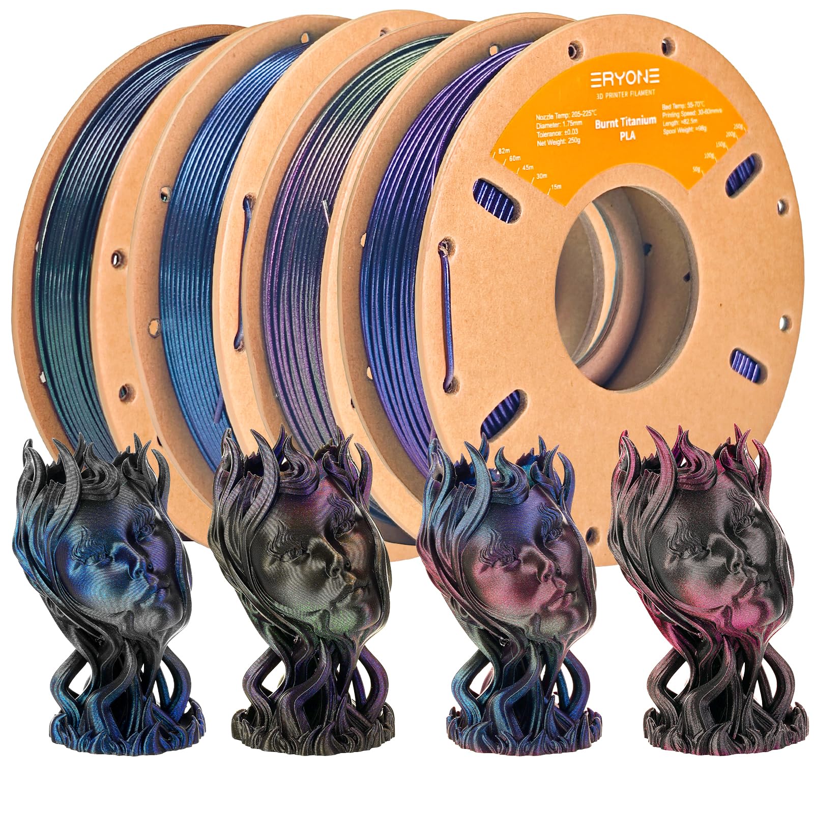 ERYONE Glitter PLA Filament Bundle, 1.75mm +/-0.03, Burnt Titanium Rainbow 3D Printer Filament 0.25kg/Spools, 4 Packs(2.2lbs), N