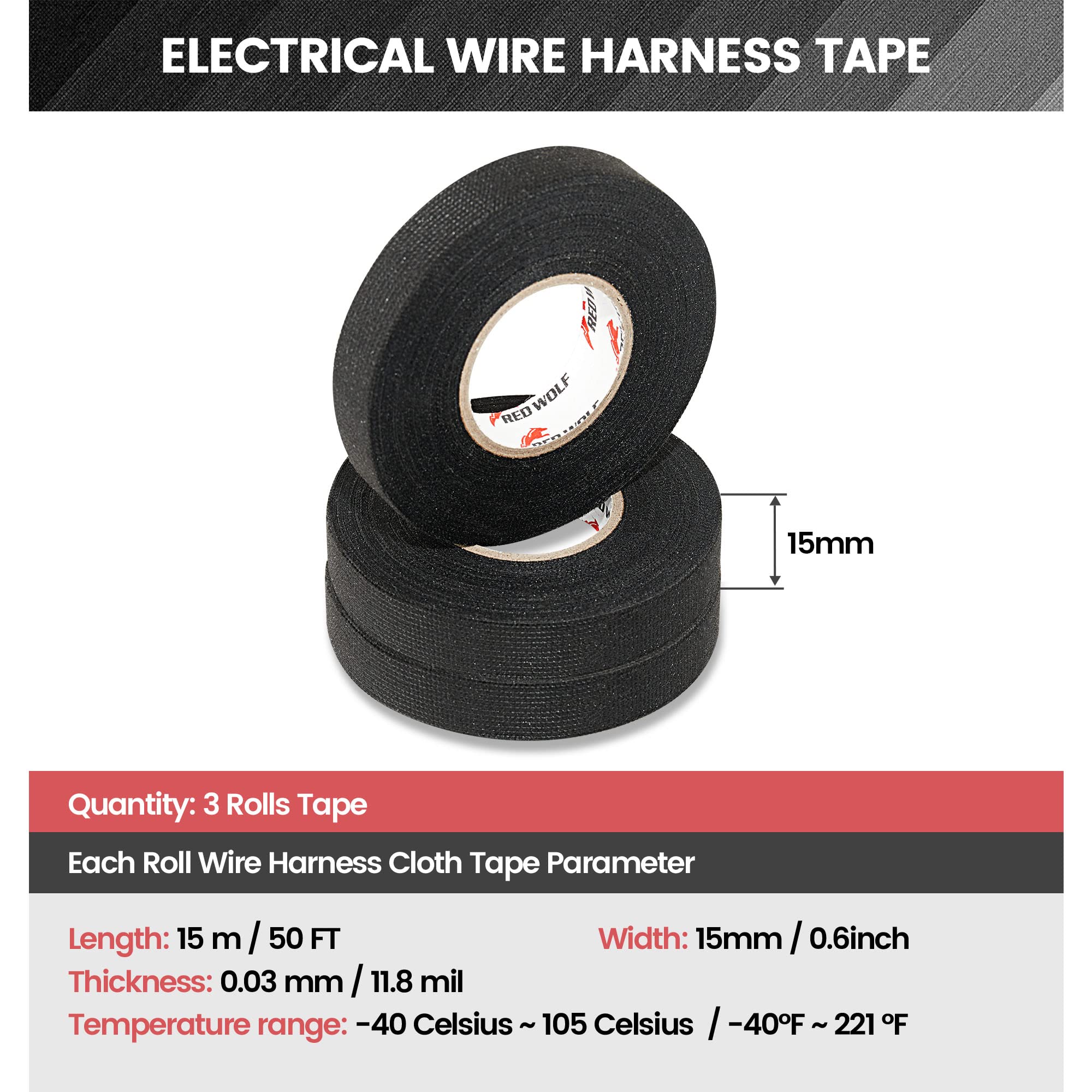Red Wolf Electric Wiring Harness Tape 3 Rolls High Temp Self Adhesive Fabric Tape For Automobile Electrical Harness Wrap Noise Damping Protection Insulation Cable Fixed Black, 3/5 Inch X 50Ft