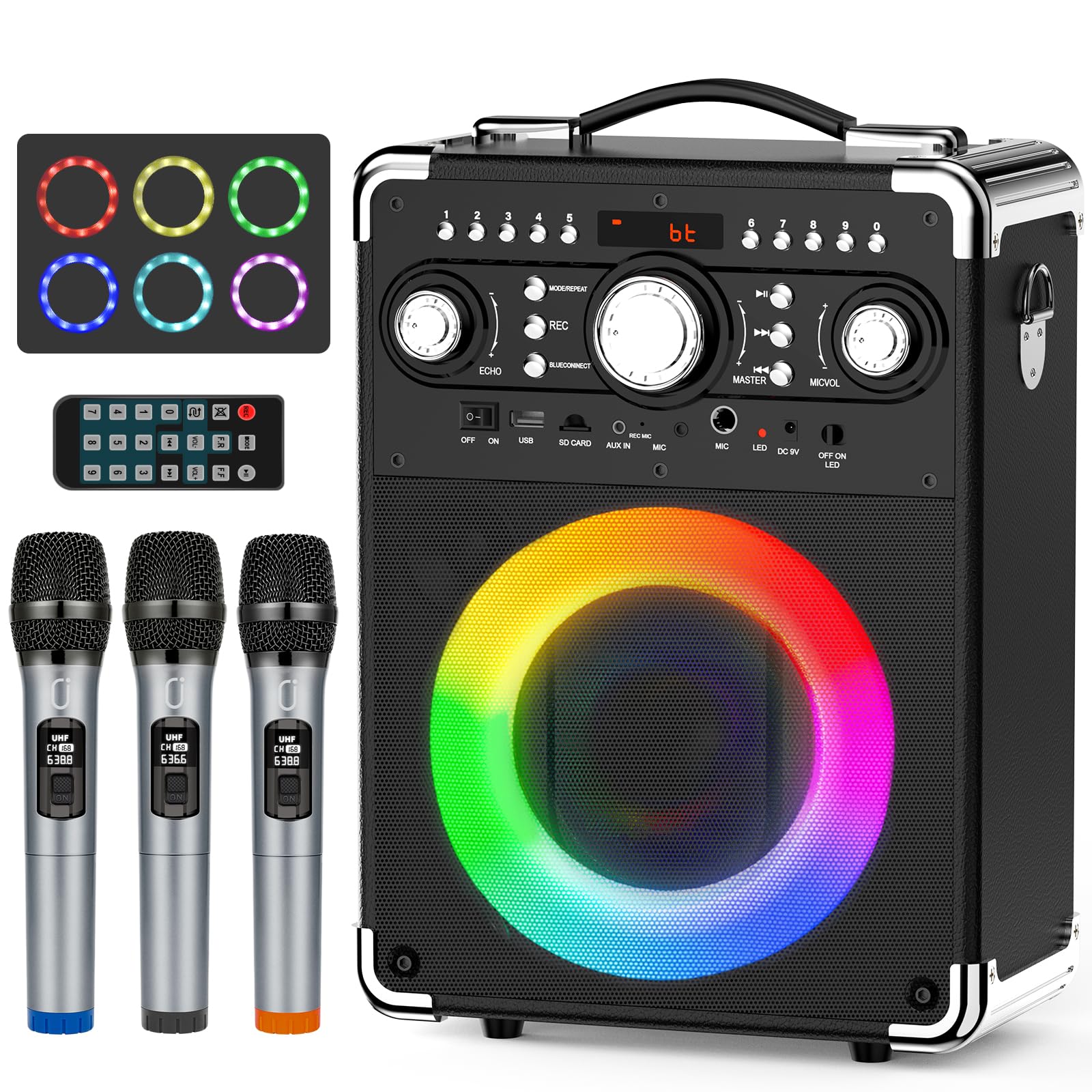Hwwr Karaoke Machine With 3 Microphones For Adults And Kids,Portable Party Karaoke Speaker With Dj Lights, Bluetooth Speaker For