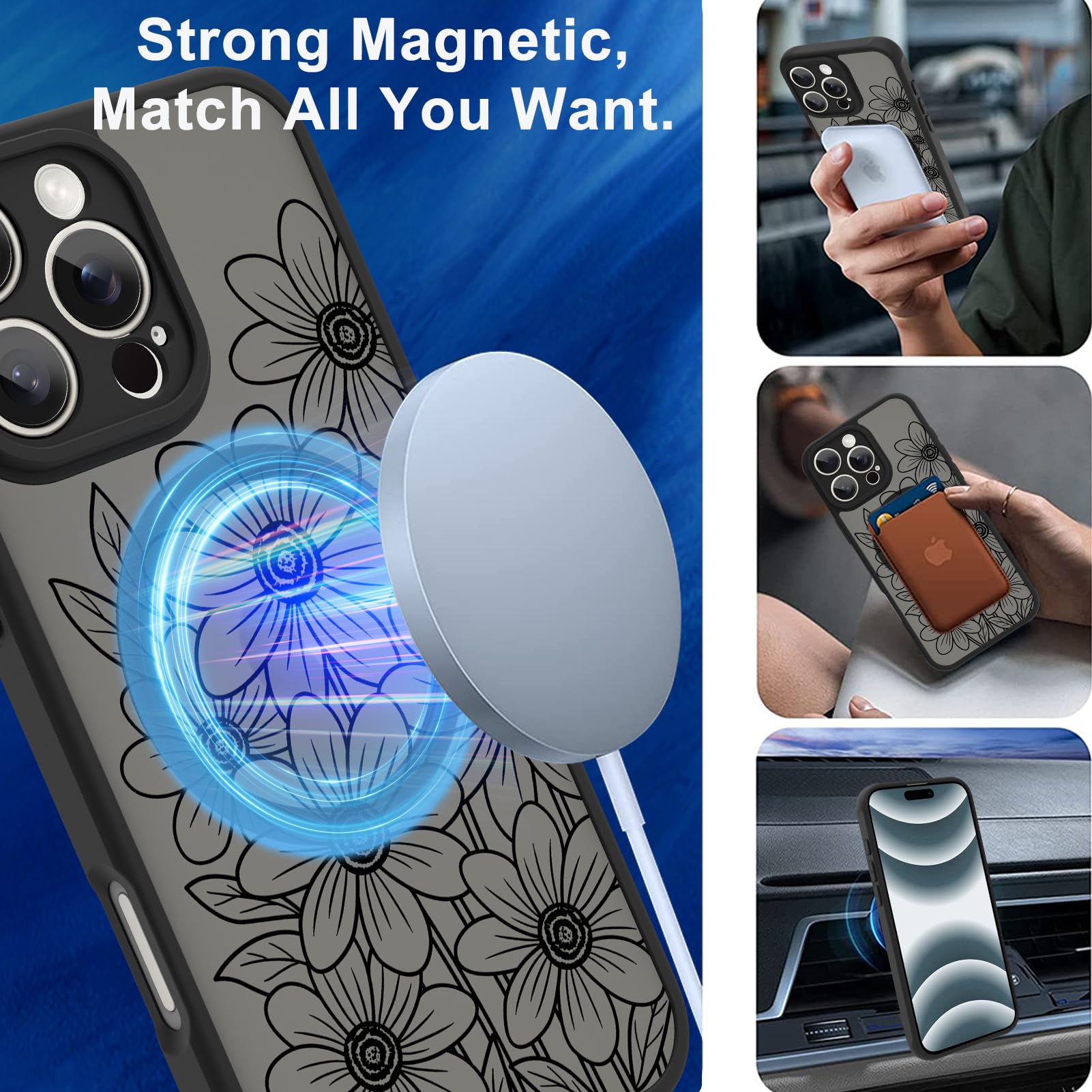 Ook Magnetic For Iphone 16 Pro Case Black Flower Sunflower Pattern [Compatible With Magsafe] Slim Translucent Matte Camera Lens