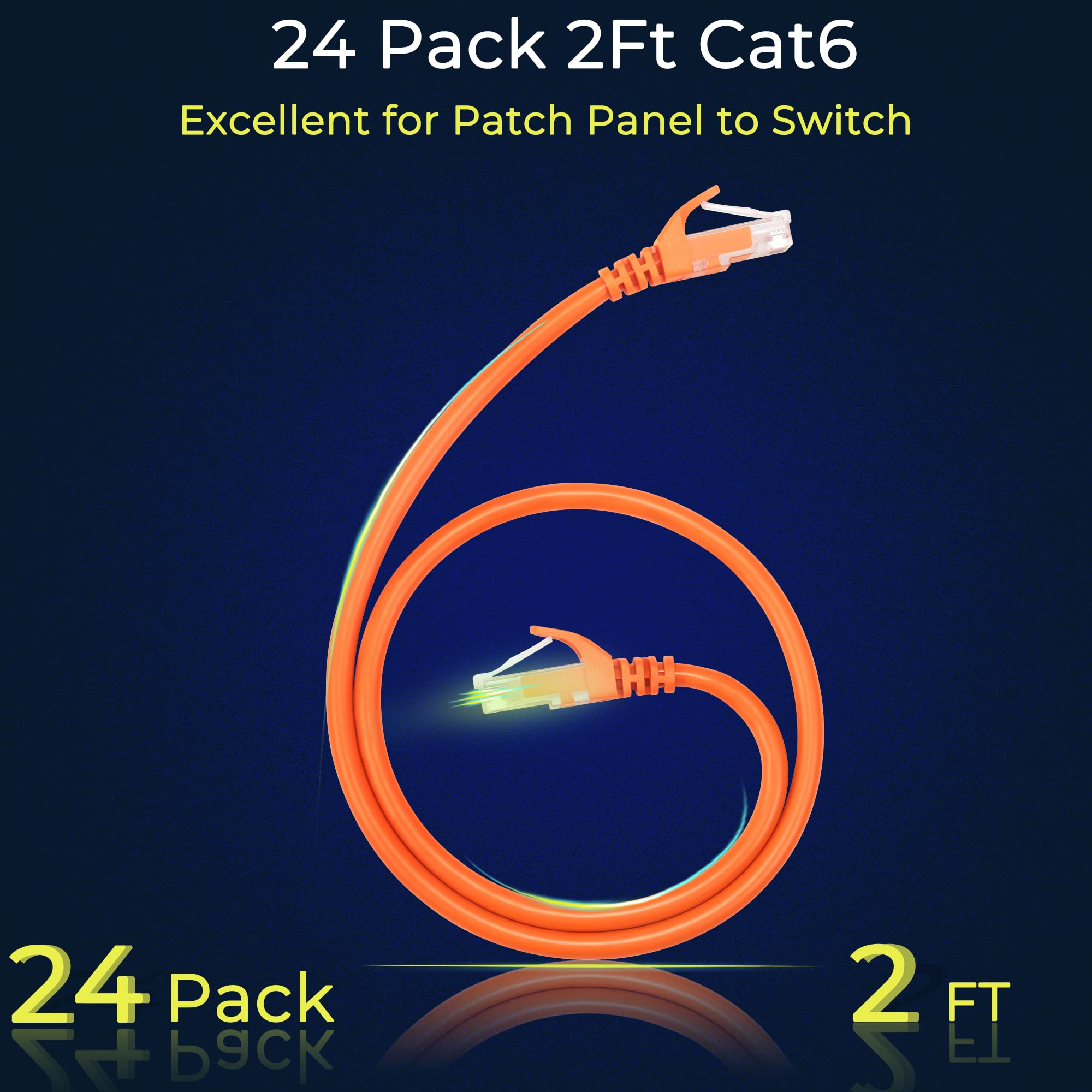 Rapink Patch Cables Cat6 2Ft (24 Pack), Ethernet Patch Cable 10G Support, Cat 6 Patch Cable For Patch Panel To Switch, Flexiable Cat 6 Ethernet Cable With Gold Plated Orange
