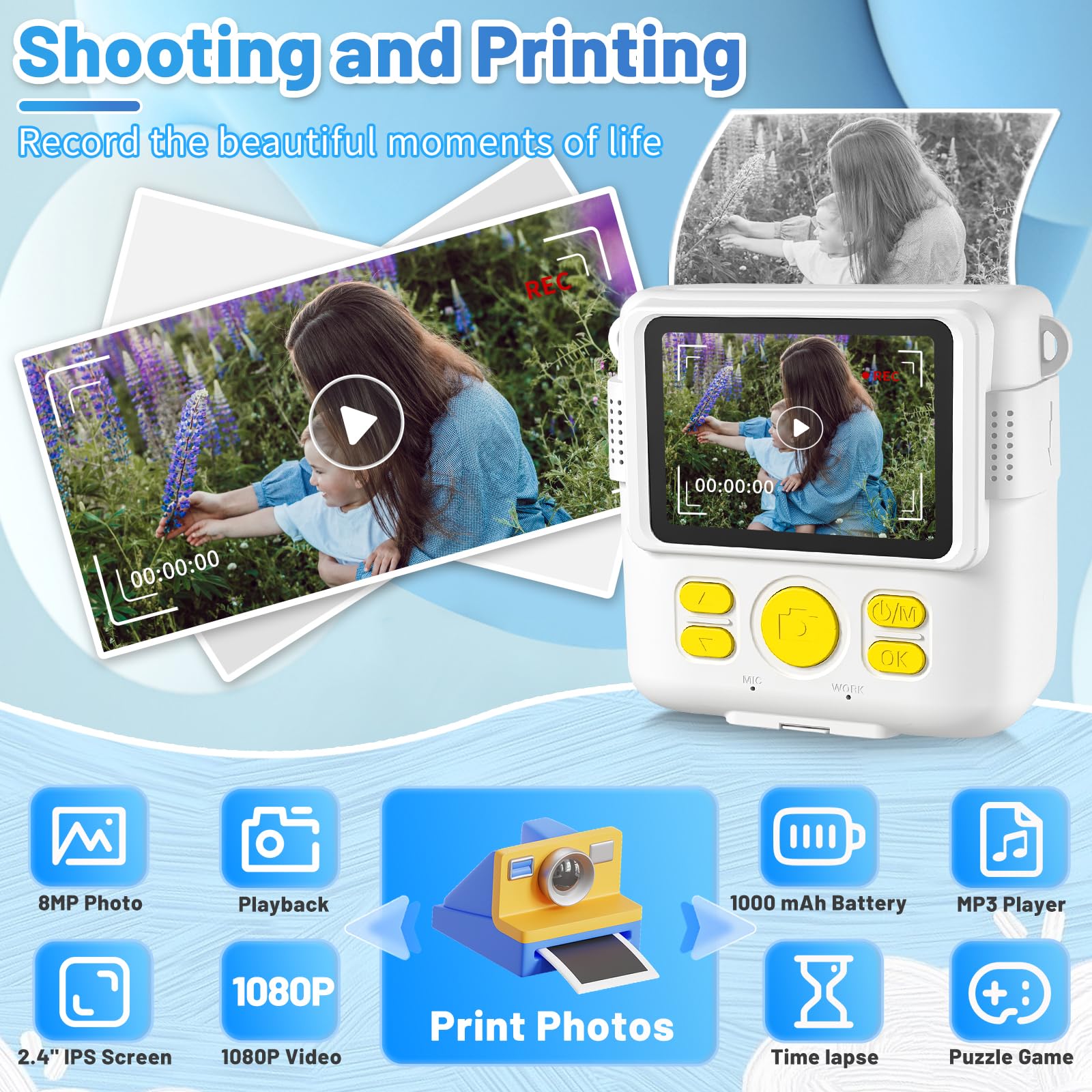 Instant Print Camera For Kids With 3 Rolls Of Printer Paper, 1080P Toddler Digital Camera Toys For Age 3 12 With 32Gb Sd Card, Christmas & Birthday Gifts For 3 4 5 6 7 8 Year Old Girls & Boys (White)