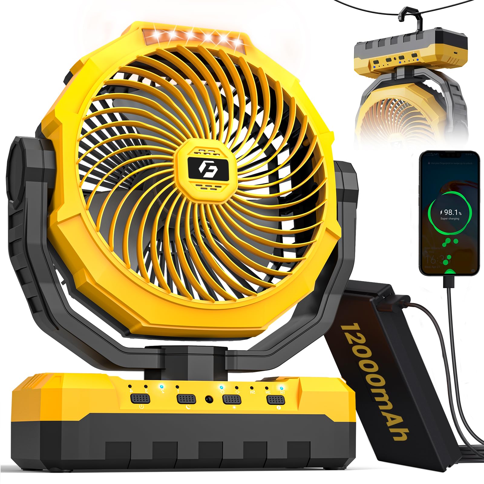 9 Inch 24000Mah Detachable Battery Camping Fan   3 In 1 Portable Camping Fan With Led & Remote   4 Speeds Battery Operated Outdo