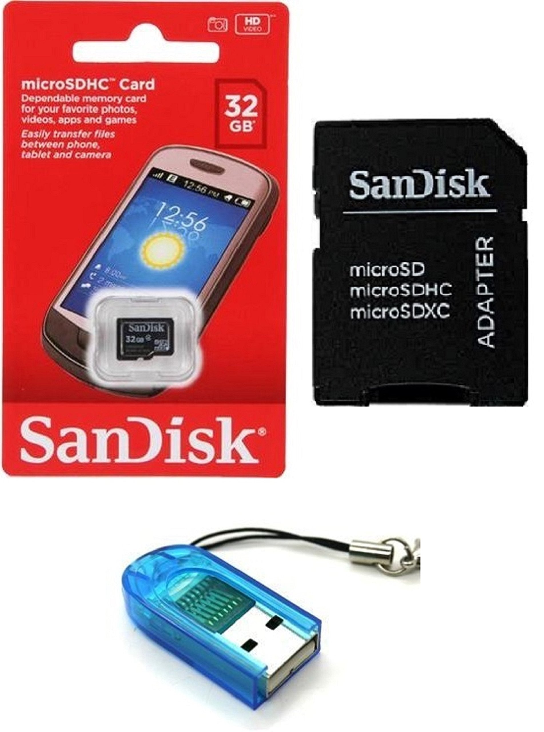 Sandisk 32GB Class 4 MicroSDHC MicroSD C4 TF Flash Memory Card with SD Adapter and USB SD Card Reader/Writer #R13 (Bulk Packaged