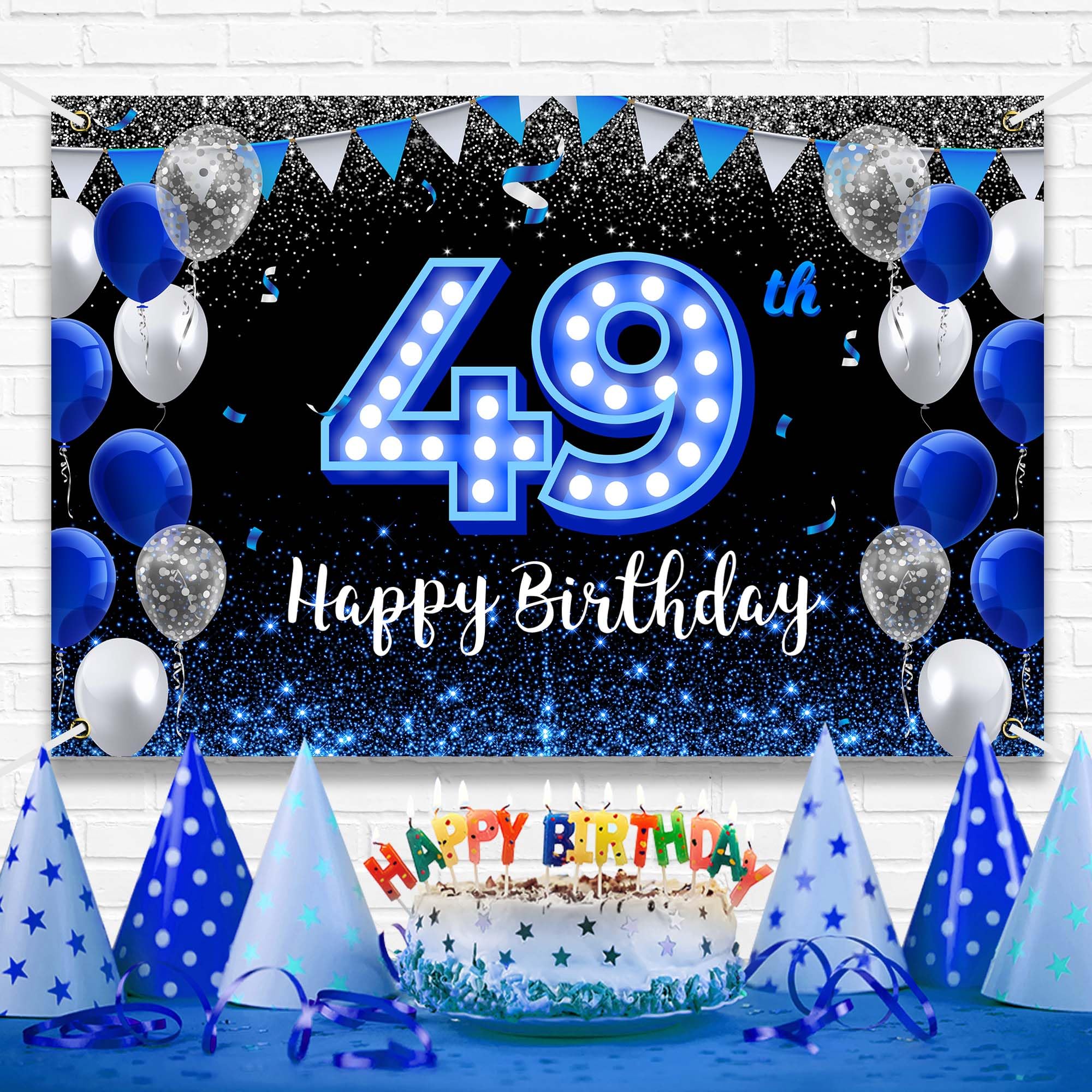 Happy 49Th Birthday Backdrop Banner Blue Black Theme Background With Blue Neon Light Shiny Fashion Birthday Party Photo Photogra