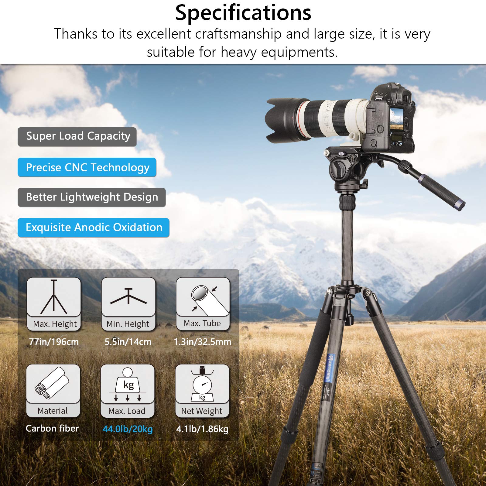 77'' Carbon Fiber Bowl Tripod Camera Video Tripod With 65Mm Fastbowl And Center Column Artcise As80C+Ec2 Professional Camera Tri