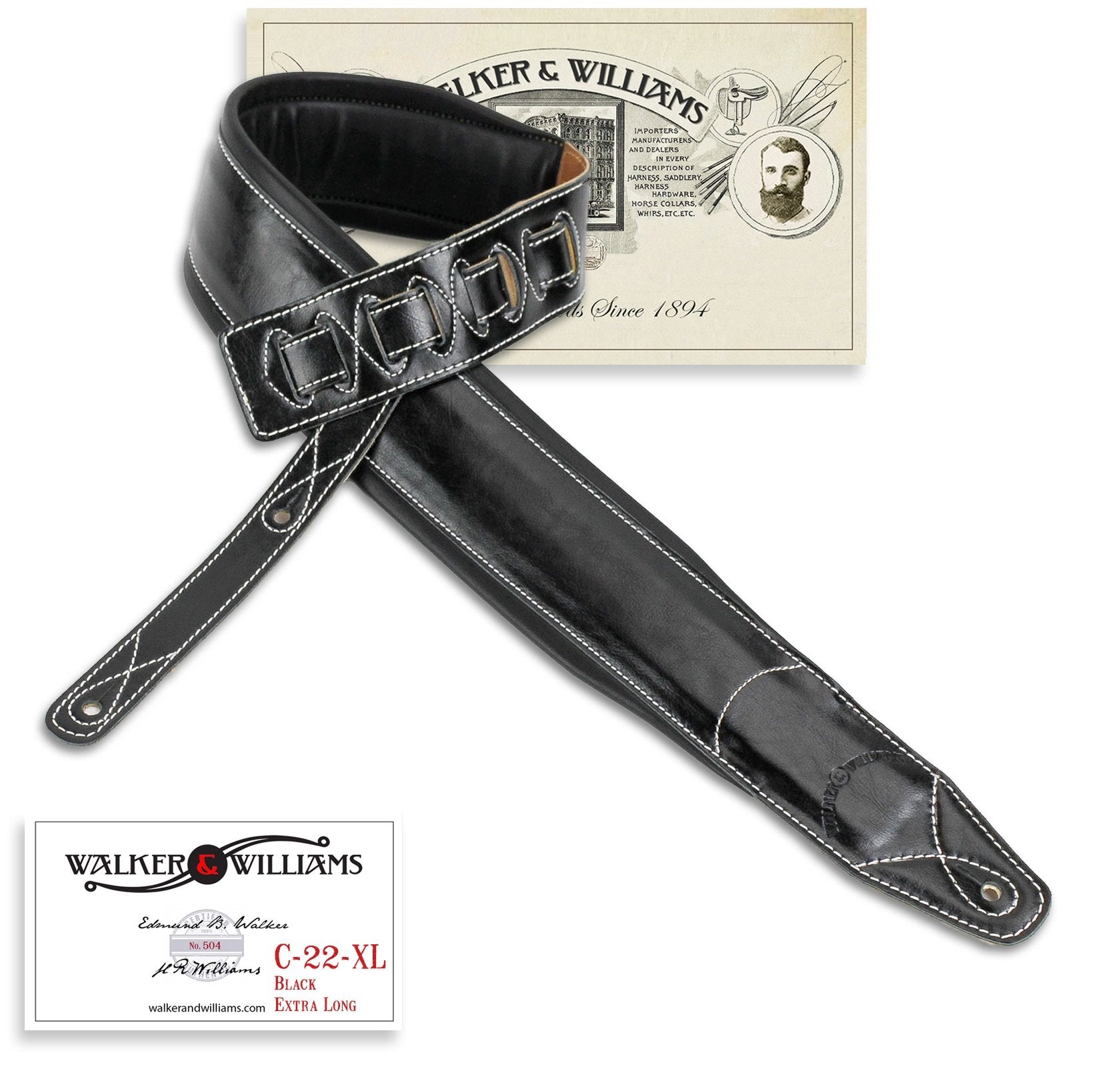 Walker & Williams C 22 Xl Premium Black Grain Leather Guitar Strap Extra Long Double Padded Up To 61'' For Acoustic, Electric, A