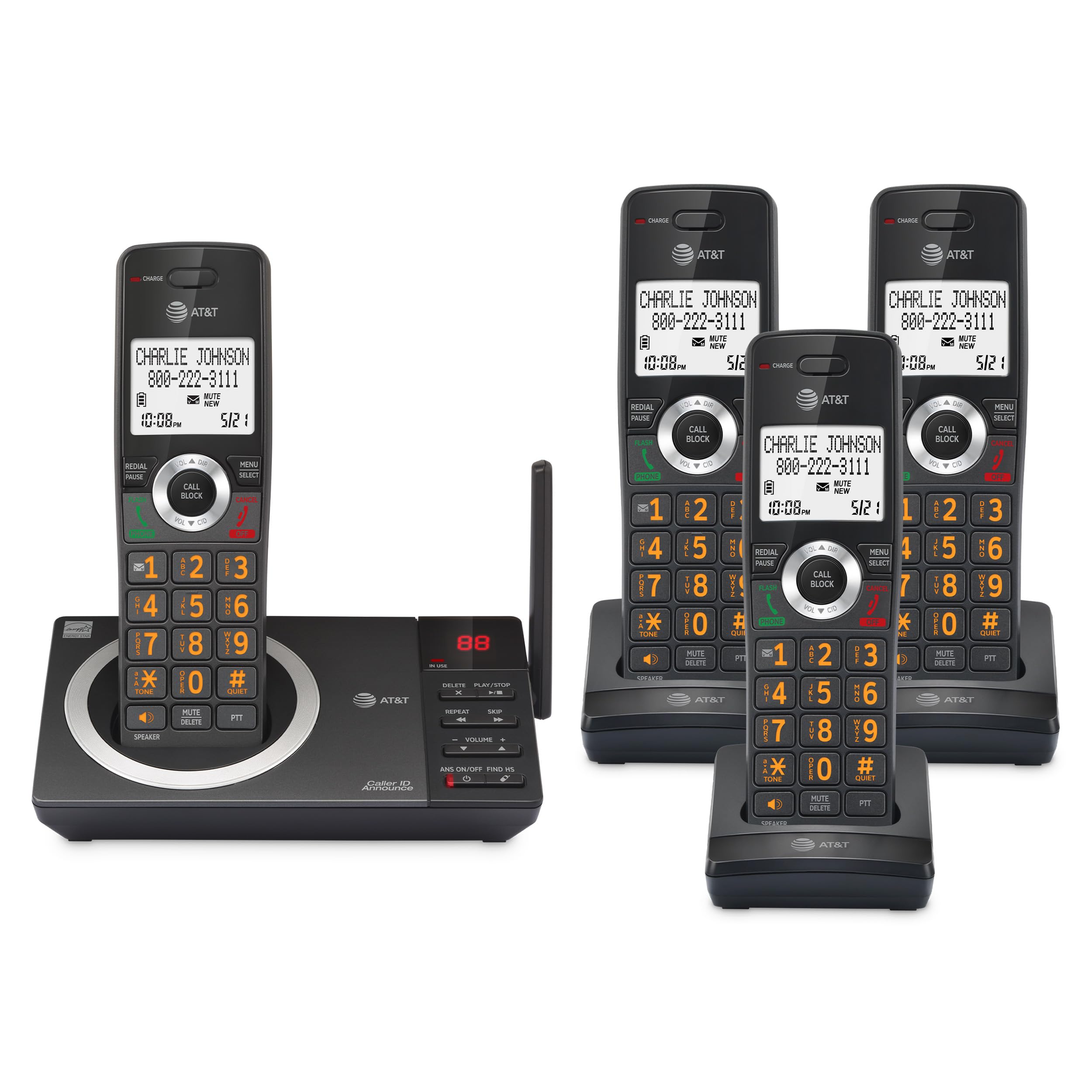AT&T 4-Handset Expandable DECT 6.0 Cordless Home Phone with Large Display, Big Buttons, Answering Machine, Smart Call Blocker, L