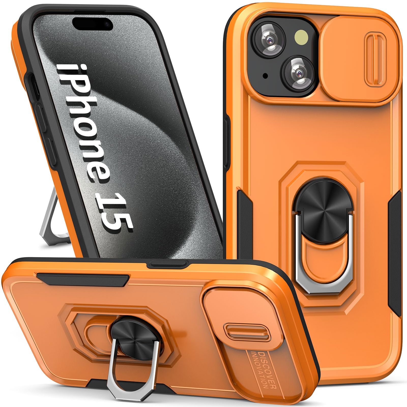 Sefing Phone Case For Iphone 15 Case With Slide Camera Cover, With Finger Ring Holder Stand, Fit Magnetic Car Mount, For Iphone 