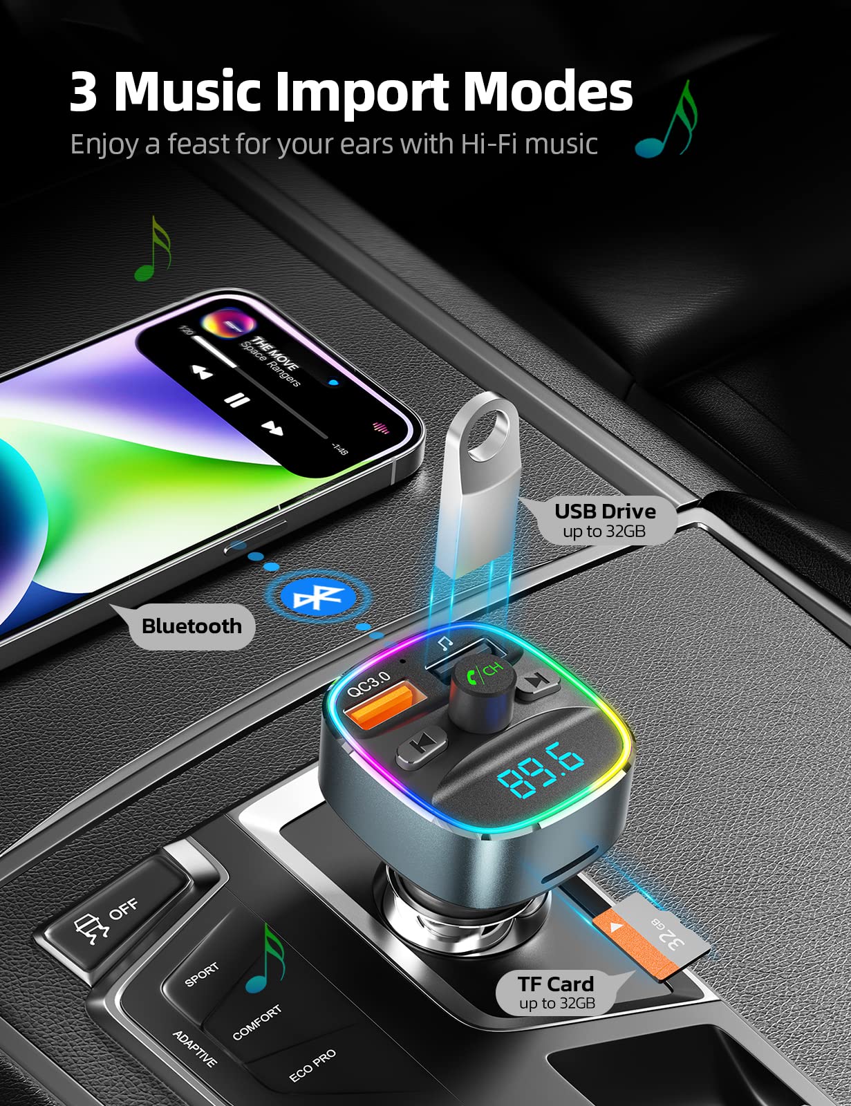 Nulaxy Bluetooth Fm Transmitter For Car,Bluetooth Car Adapter With Dual Usb Charging Car Charger Mp3 Player Support Tf Card & Usb Disk,Hands Free Calling,7 Colors Led Backlit Light Gray
