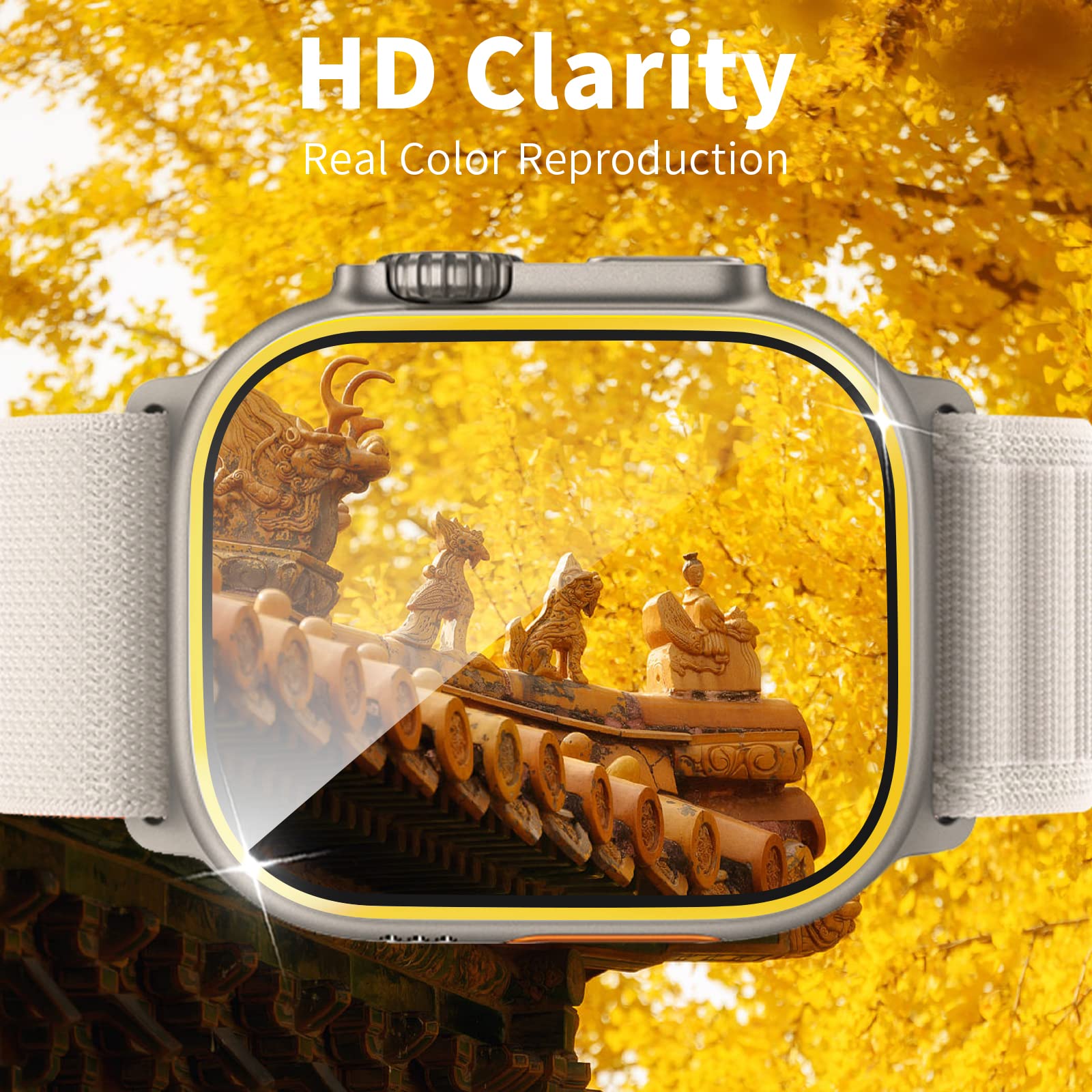 Ewuonu 2 Pack Screen Protector For Apple Watch Ultra 49Mm, Tempered Glass Screen Protector(Aluminium Alloy Edge) Anti Scratch Bubble Free Film For Iwatch Ultra 49Mm Accessories(Yellow/Titanium)