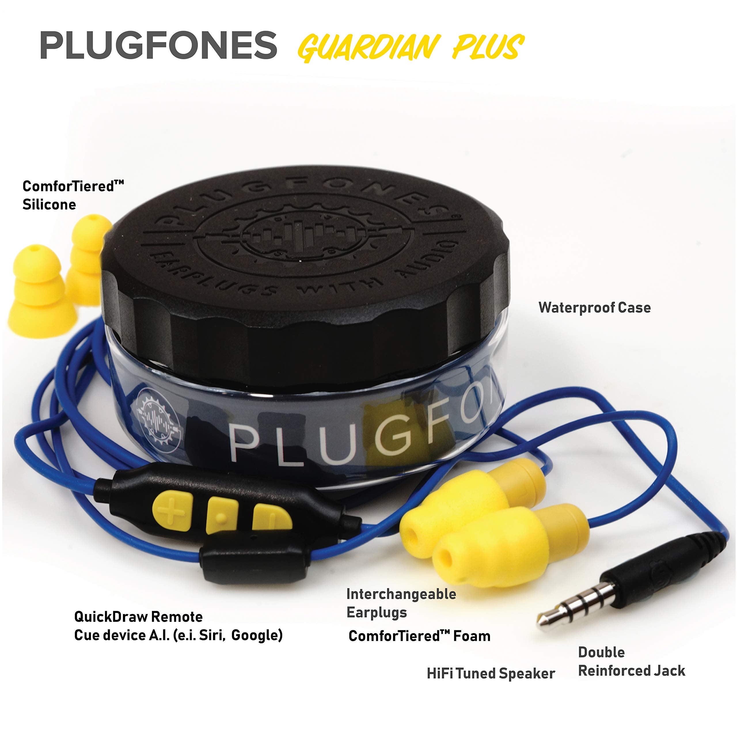 Plugfones Guardian Plus, Earplugs With Audio, 26 Db Nrr, Noise Isolating Mic And Controls