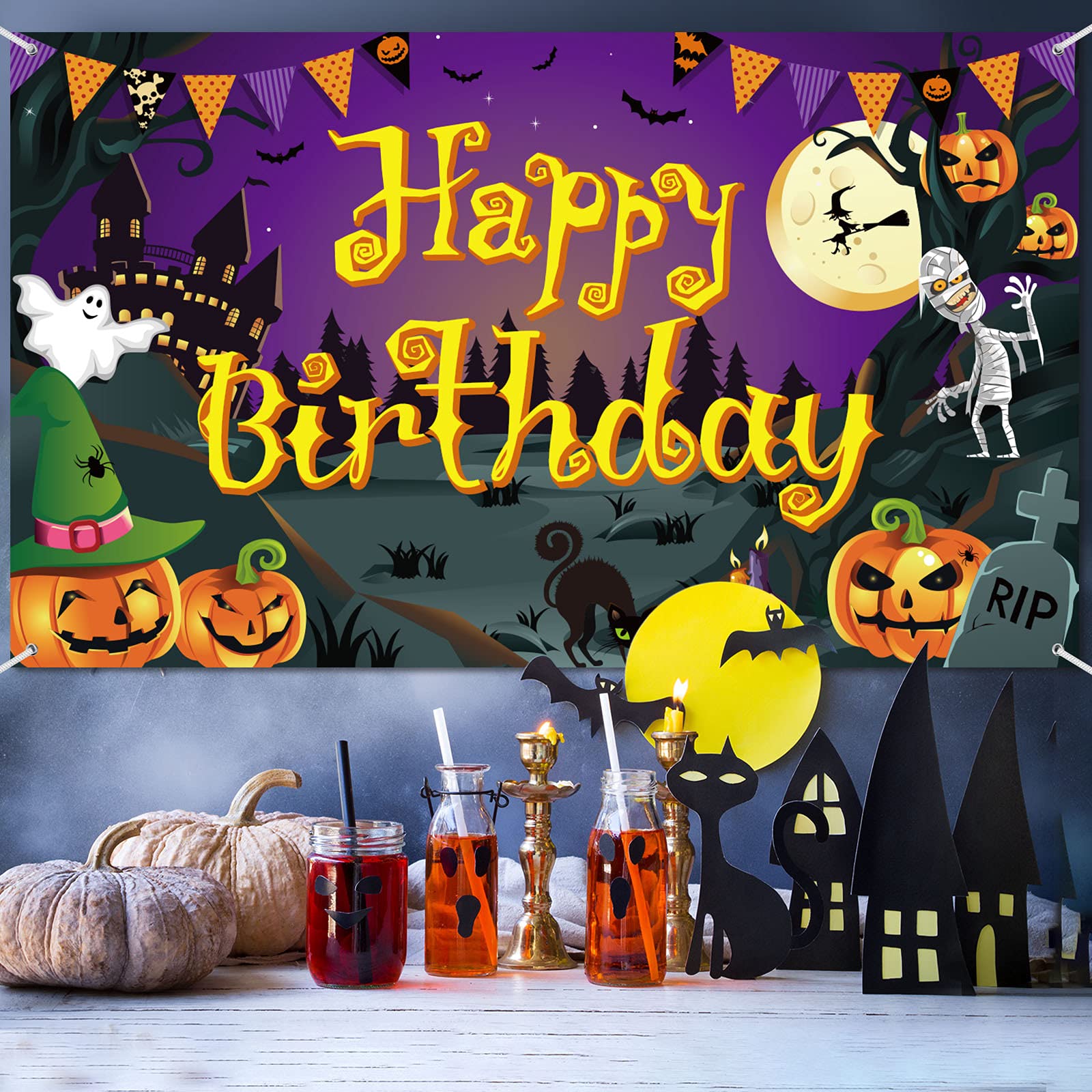 Halloween Birthday Backdrop Happy Birthday Halloween Banner Party Decoration Pumpkin Ghost Spooky Castle Photography Background