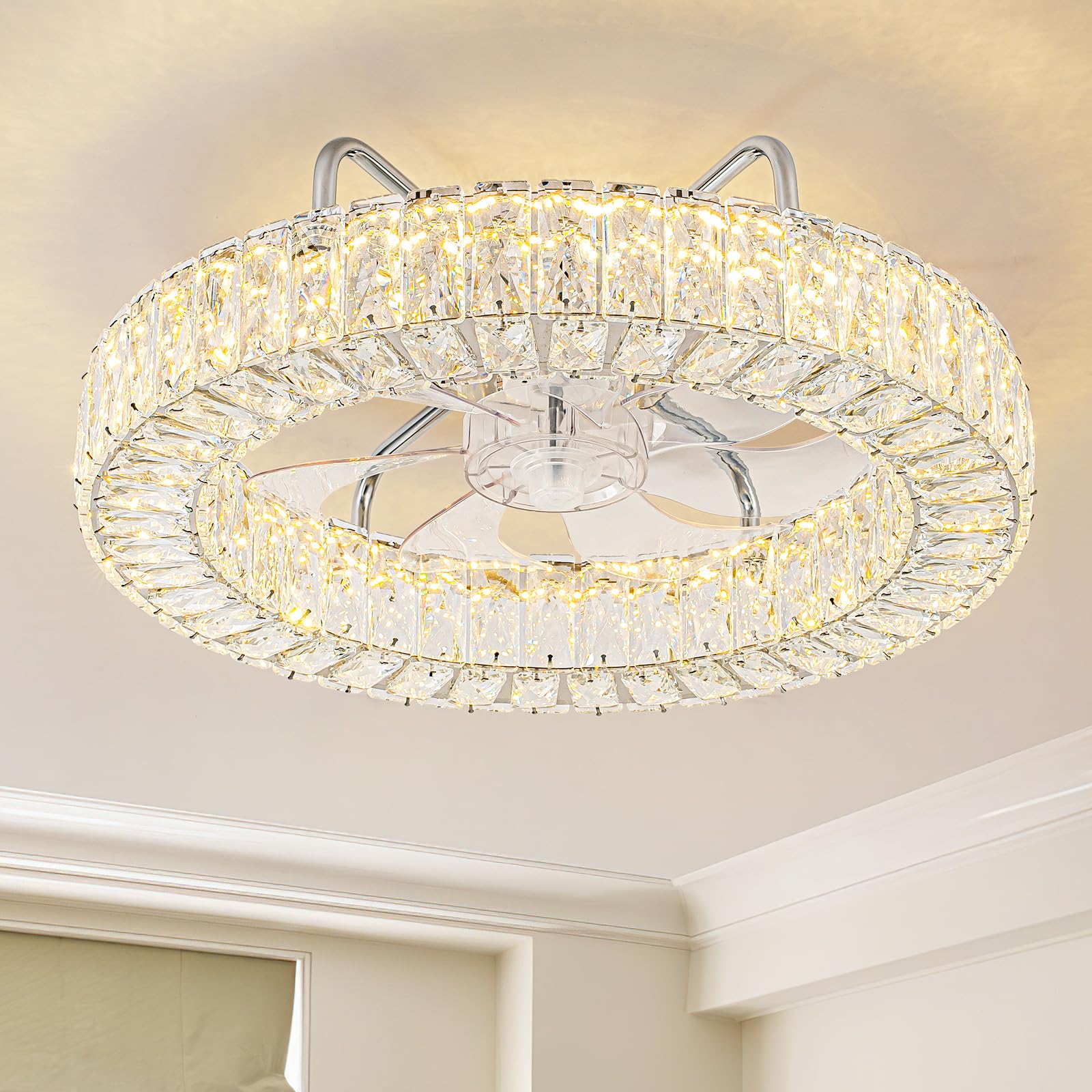 Zswanbei Fandelier Flush Mount Ceiling Fan with Lights and Remote Dimmable Crystal Ceiling Fan Chandelier 6 Wind Speeds 3 Color 