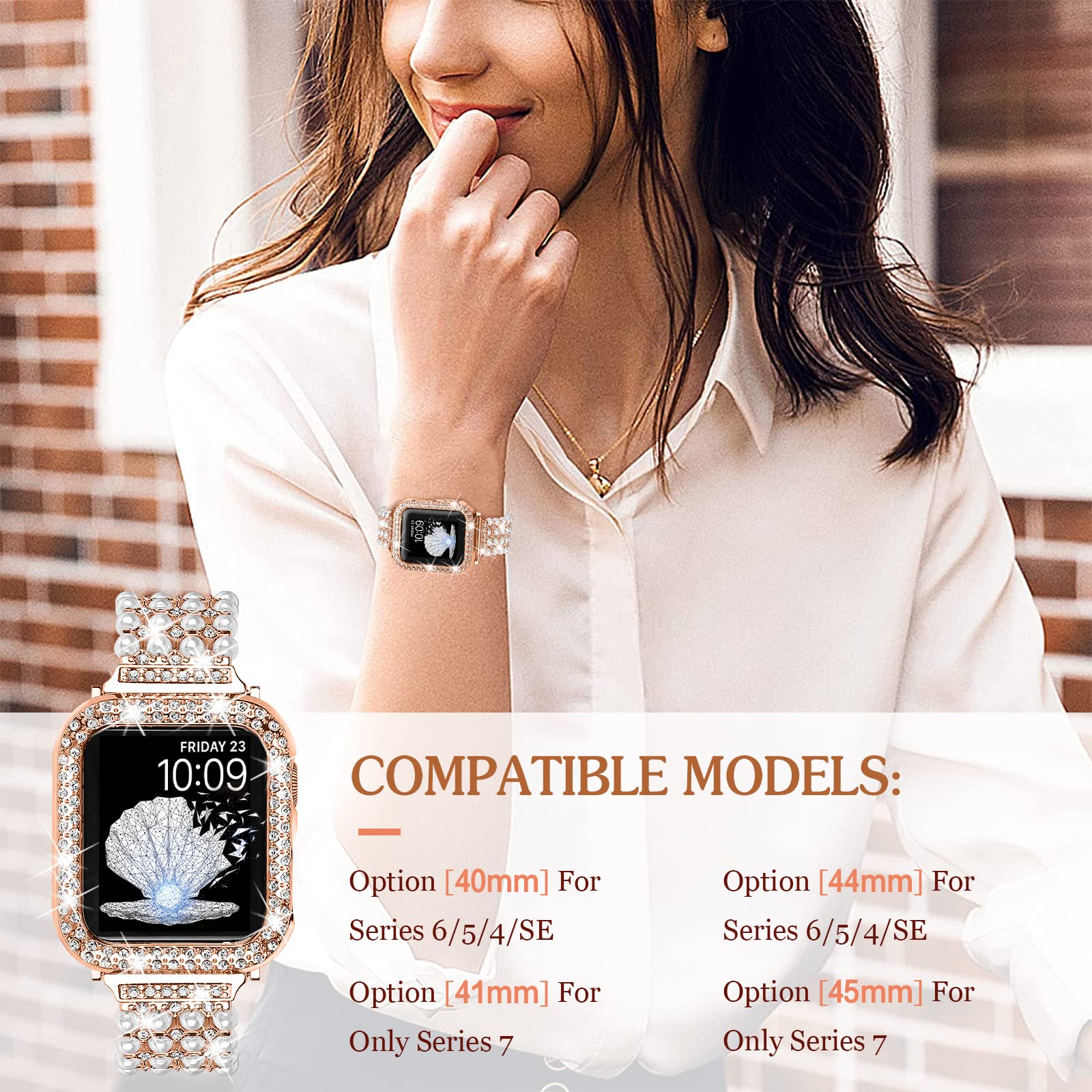 Joyozy Bling Pearl Bracelet 44Mm And Case Compatible For Apple Watch Band 44Mm, Women Sparkle Diamond Case With Rhinestone Cute