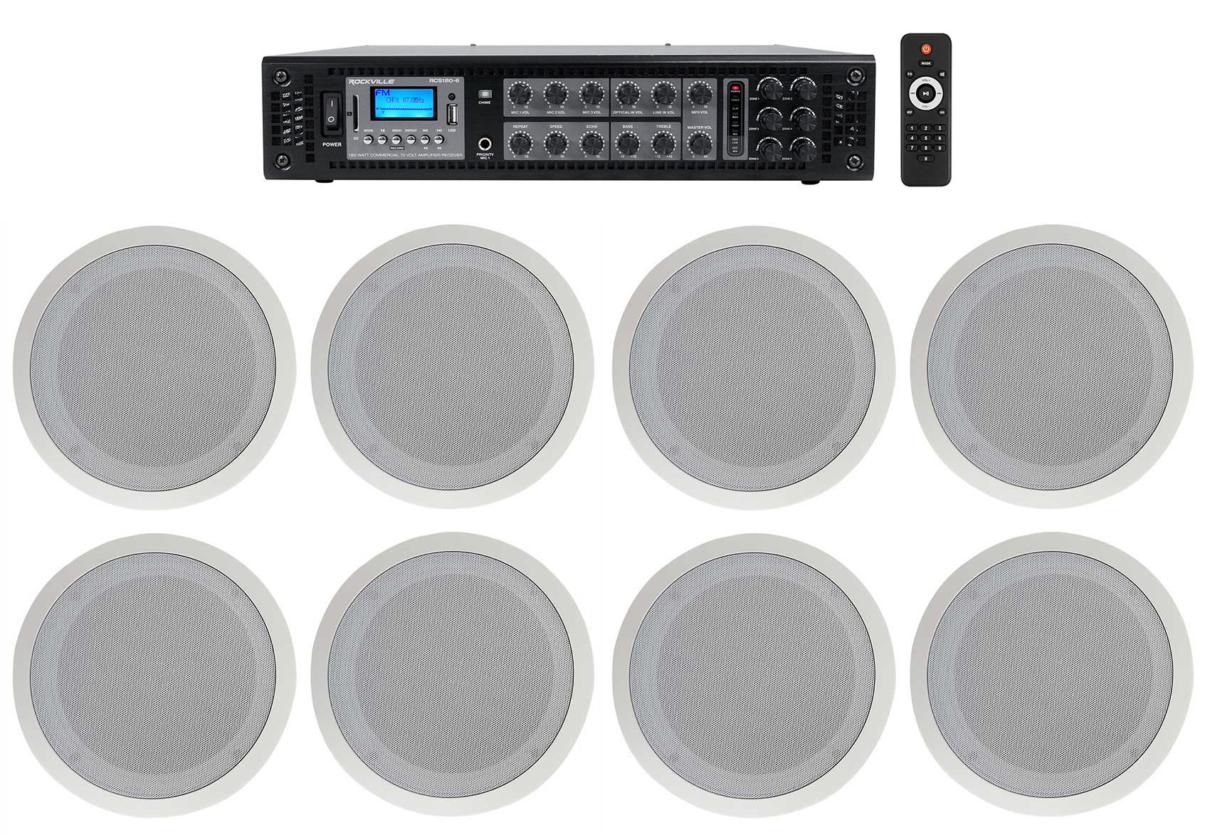 Rockville RCS180-6 Bundle: Commercial 180W 6-Zone 70V Bluetooth Receiver/Amplifier, (4) Pairs Rockville CC80T 8 2-Way White Ceil