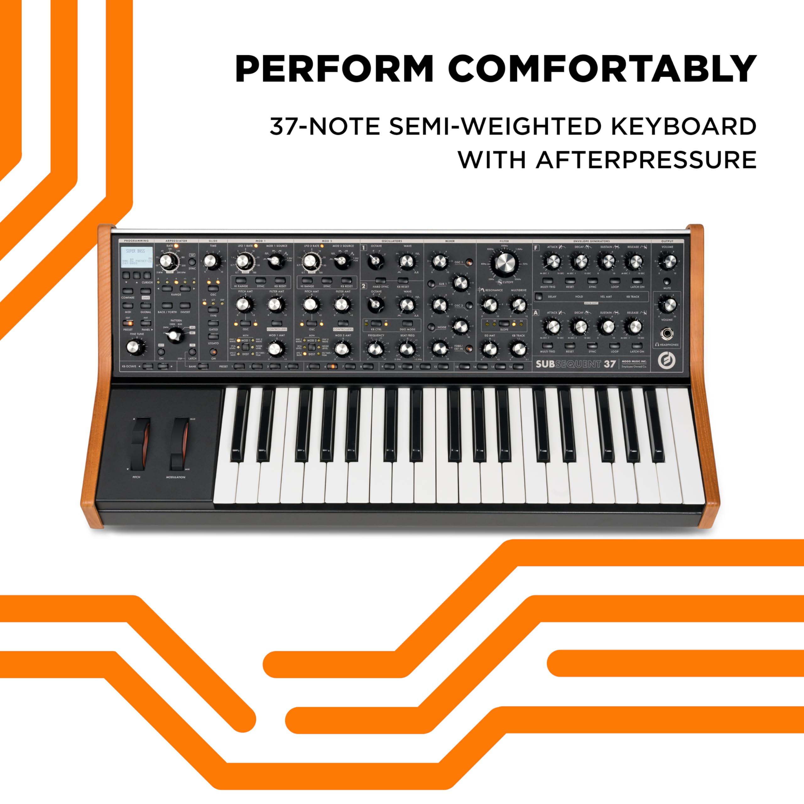 Moog Subsequent 37 Paraphonic Analog Synthesizer And Midi Keyboard With 37 Semi Weighted Keys, Headphone Amp, 256 Presets, Scree