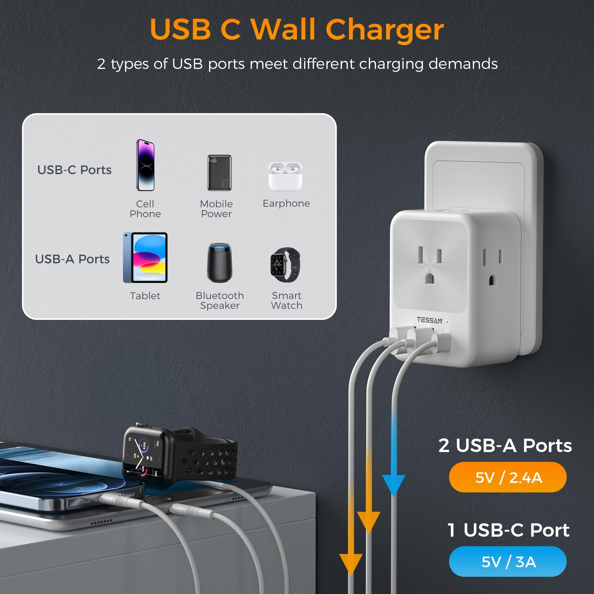 Italy Travel Plug Adapter 2 Packs, Tessan Italy Power Adapter With 4 Outlets 3 Usb Ports (1 Usb C), Type L Plug Adaptor Italian