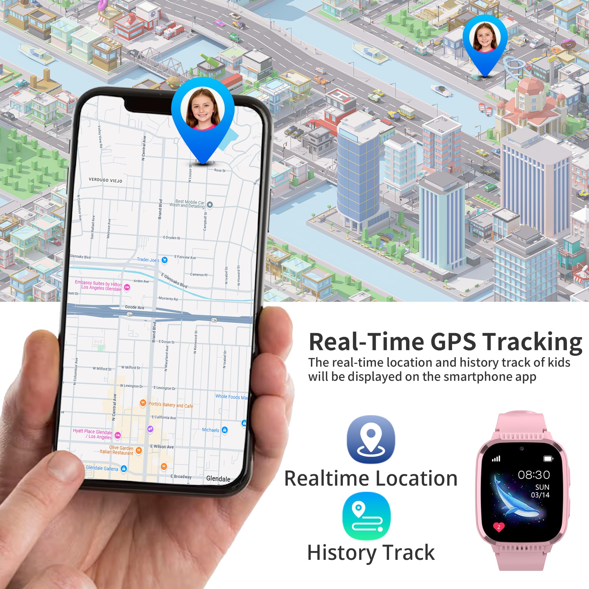 4G Kids Smart Watch Girls With Gps Tracker, Kids Gps Watch With Voice And Video Calling, One Key Sos Call, Hd Camera, Alarm Cloc