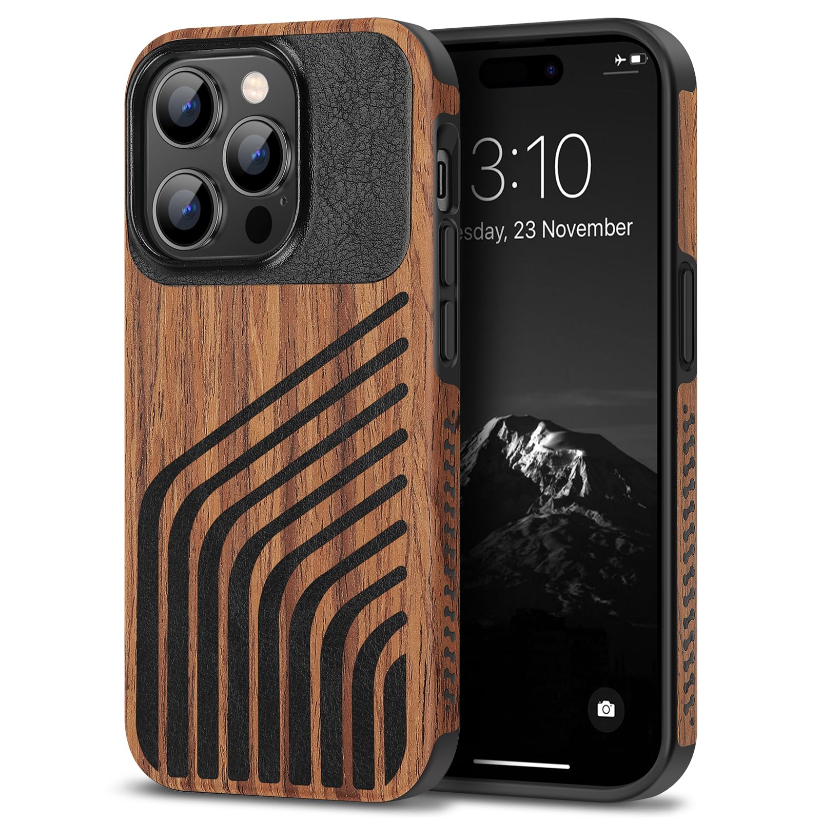 TENDLIN Compatible with iPhone 14 Pro Max Case Wood Grain with Carbon Fiber Texture Design Leather Hybrid Slim Case (Hairline)