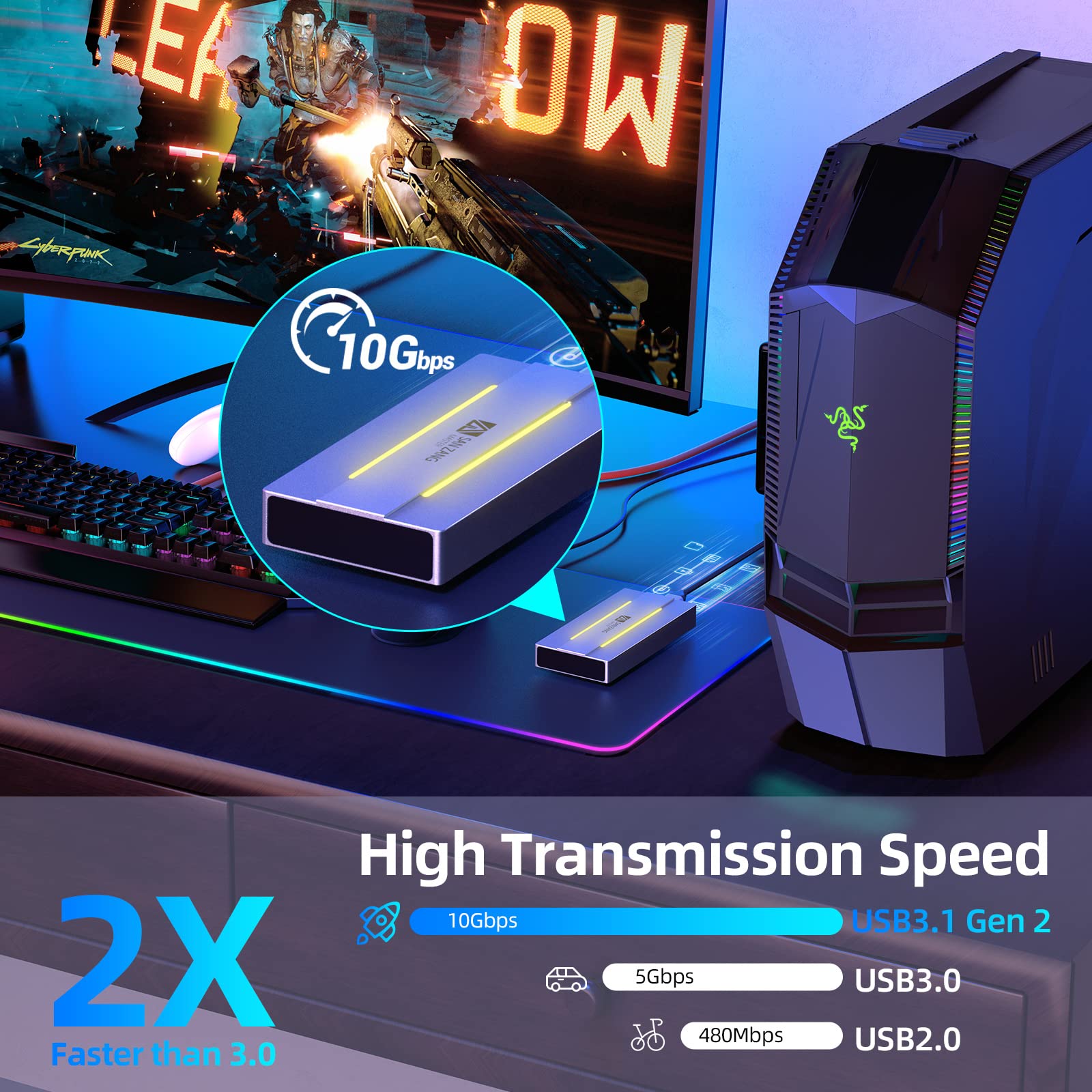 Rgb M.2 Nvme Ssd Enclosure For Gaming, Usb 3.1 Gen 2(10 Gbps) Type C To Ngff Nvme Pcie M Key(B&M Key) External Solid State Drive