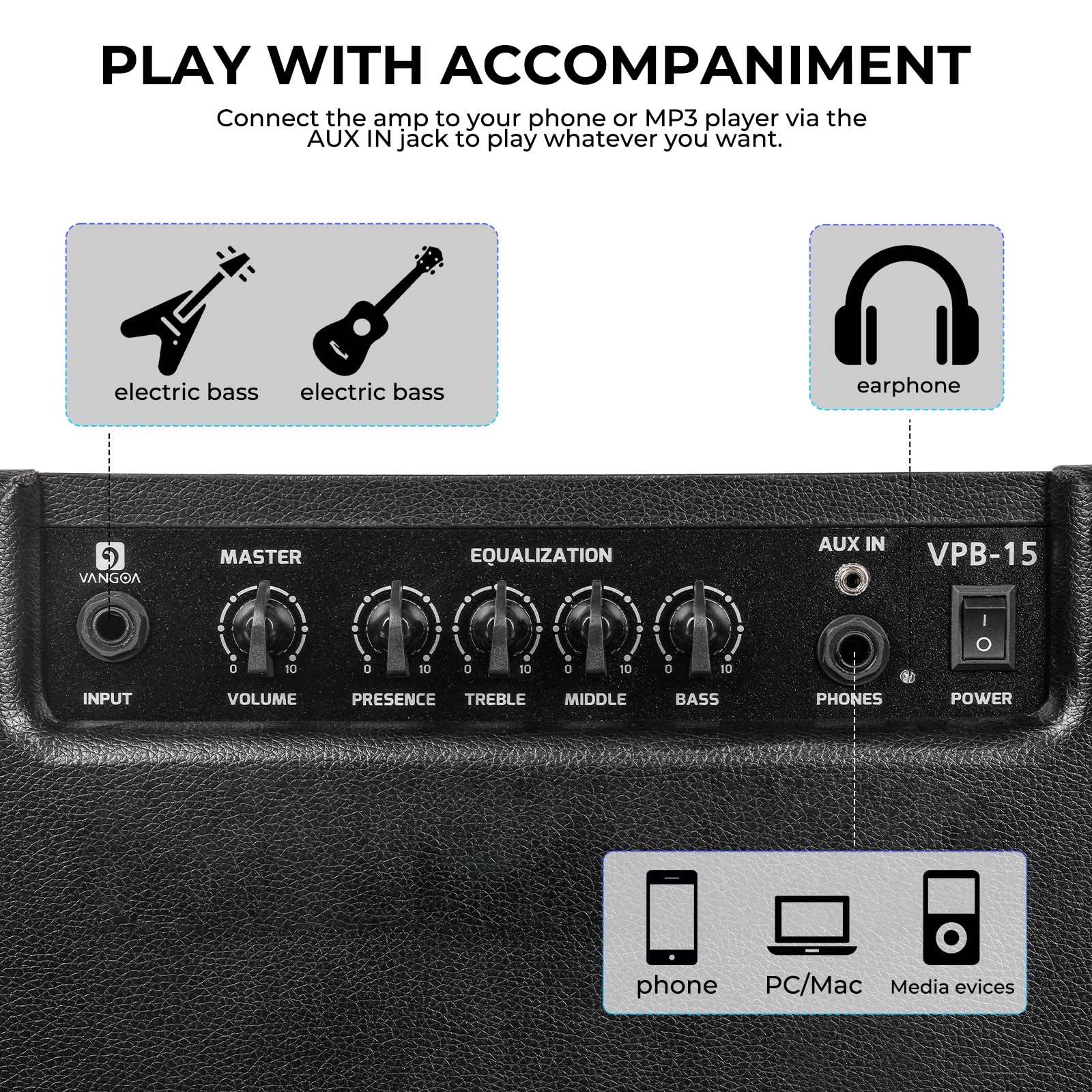 Vangoa Bass Guitar Amplifier 15W Portable Electric Bass Combo Amp Small For Bass Practice Amp Indoor Outdoor, Black