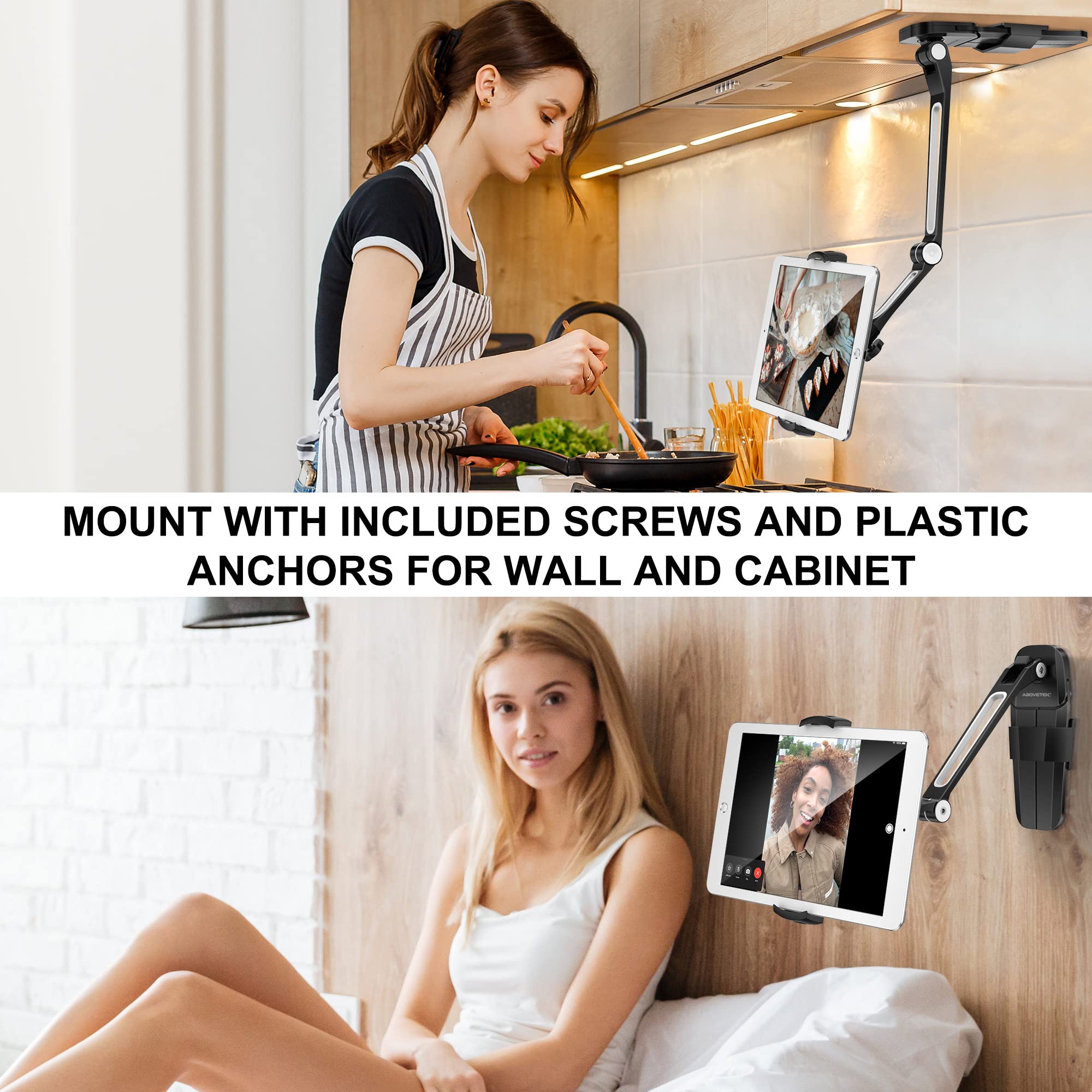 AboveTEK iPad Wall Mount, 3 in 1 Highflex 360� Under Cabinet iPad Mount for Kitchen, Tablet Celling Under Counter Holder, Kitchen iPad Stands Fits 4.7' to 13.5' iPad, Mini, Air, Surface Pro   Black