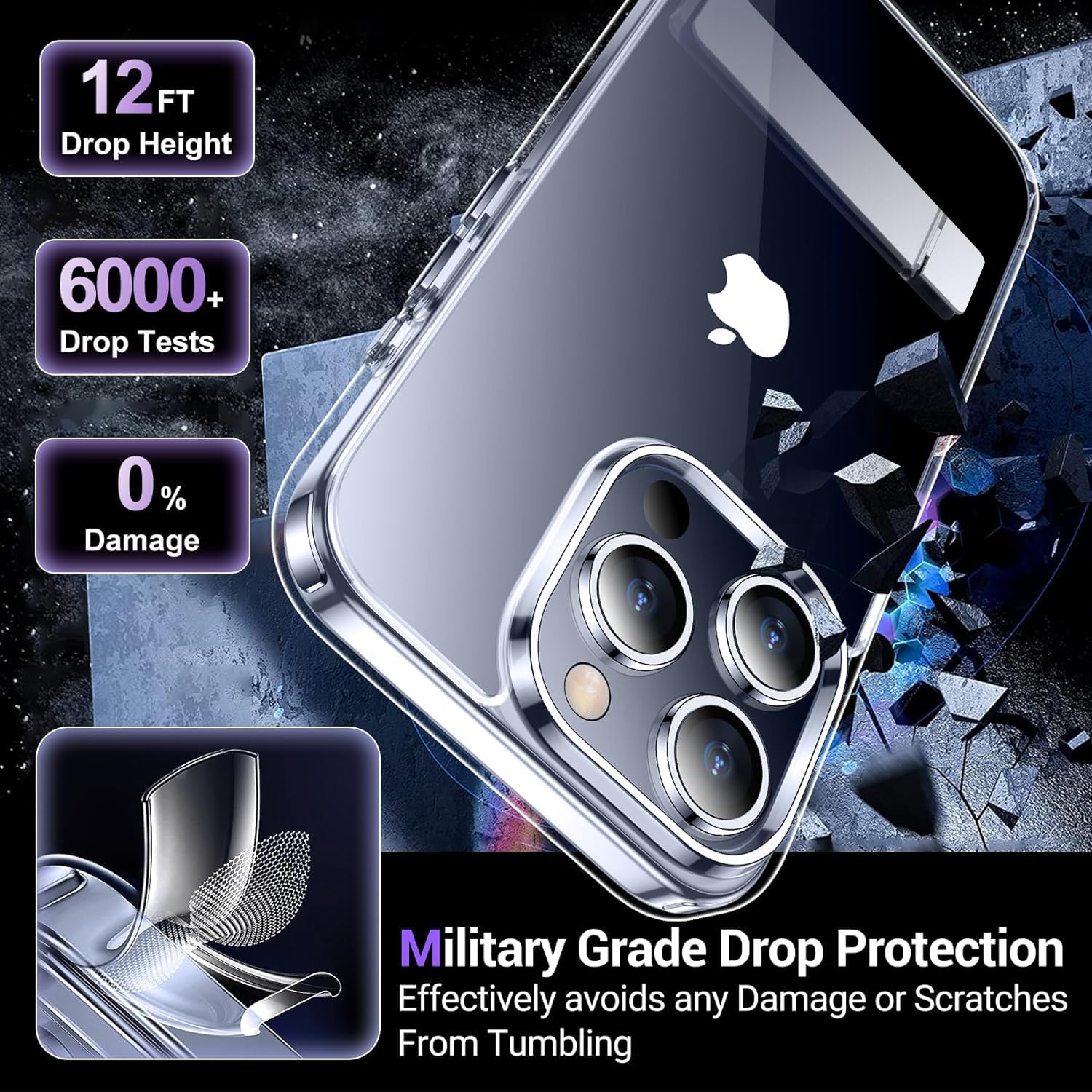 Temdan Designed For Iphone 15 Pro Max Case Clear With Kickstand, [Non Yellowing] [Military Grade Drop Protection] Slim Thin Shoc