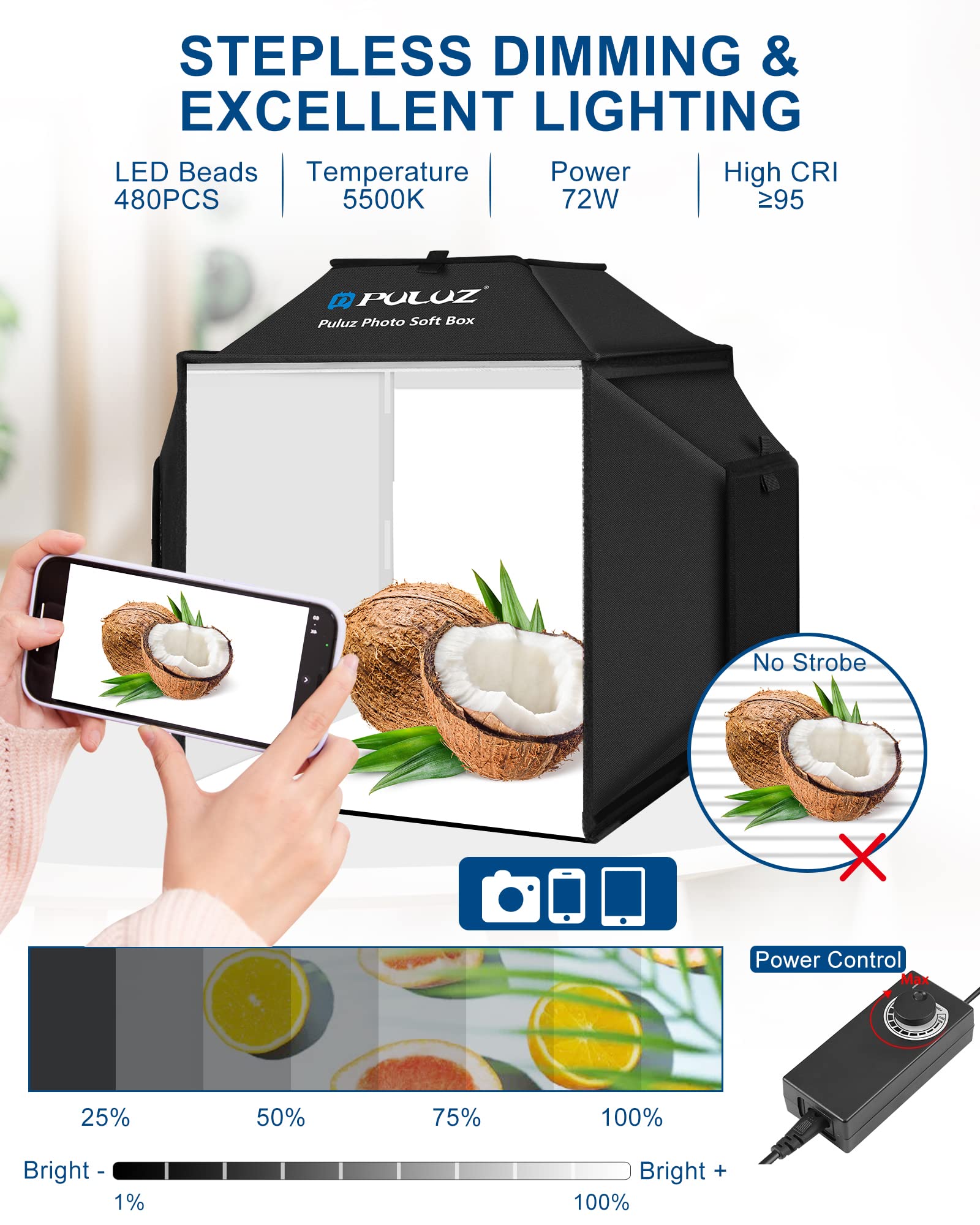 Puluz 16''X16'' Photo Studio Light Box, Upgraded Photo Box Soft Box Integrated Portable Light Box Photography With Hight Cri 480