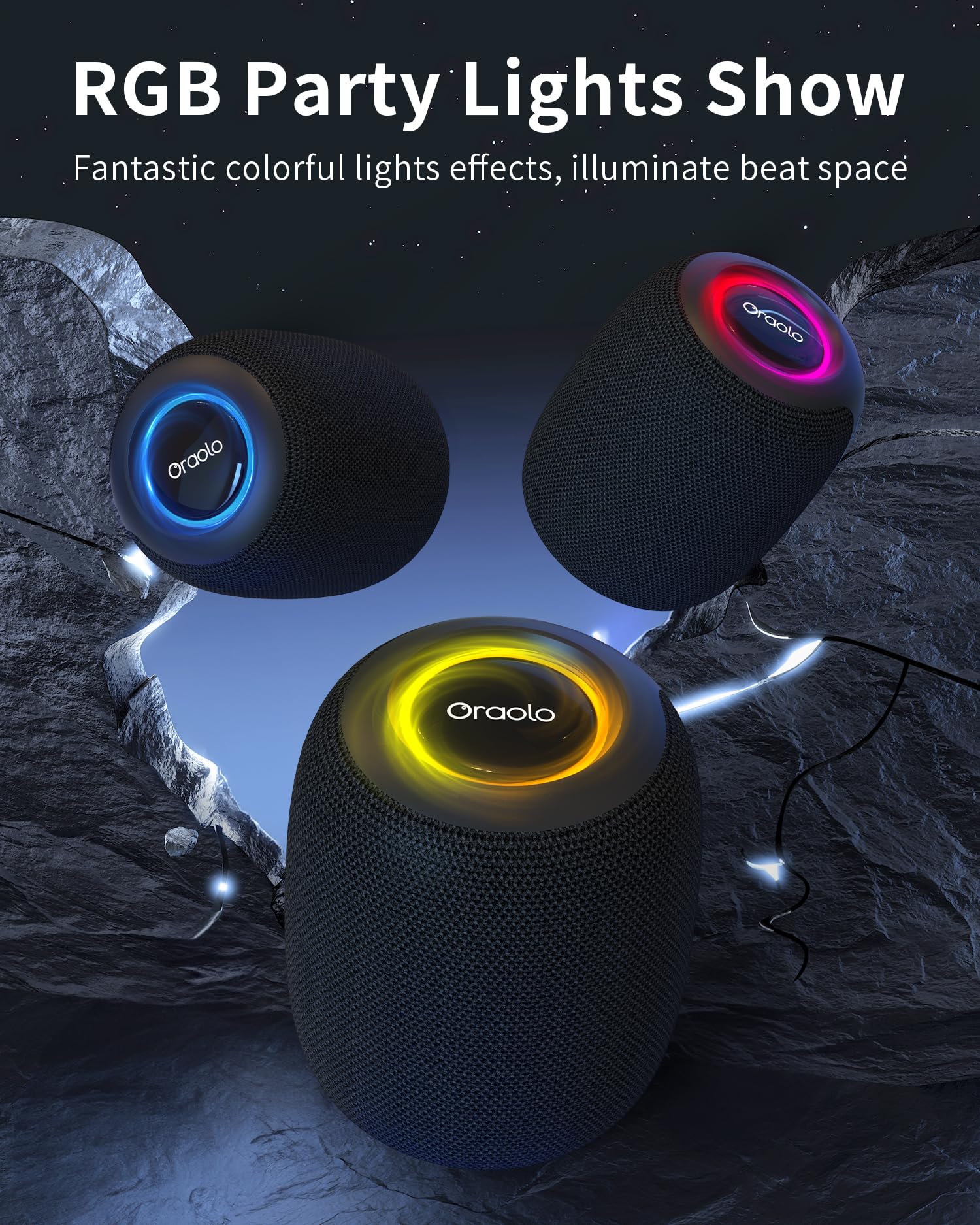 Oraolo Bluetooth Speaker, Ipx7 Waterproof Portable Bluetooth Speaker With 15W Immersive Audio, 30H Playtime, Led Light, Bluetoot