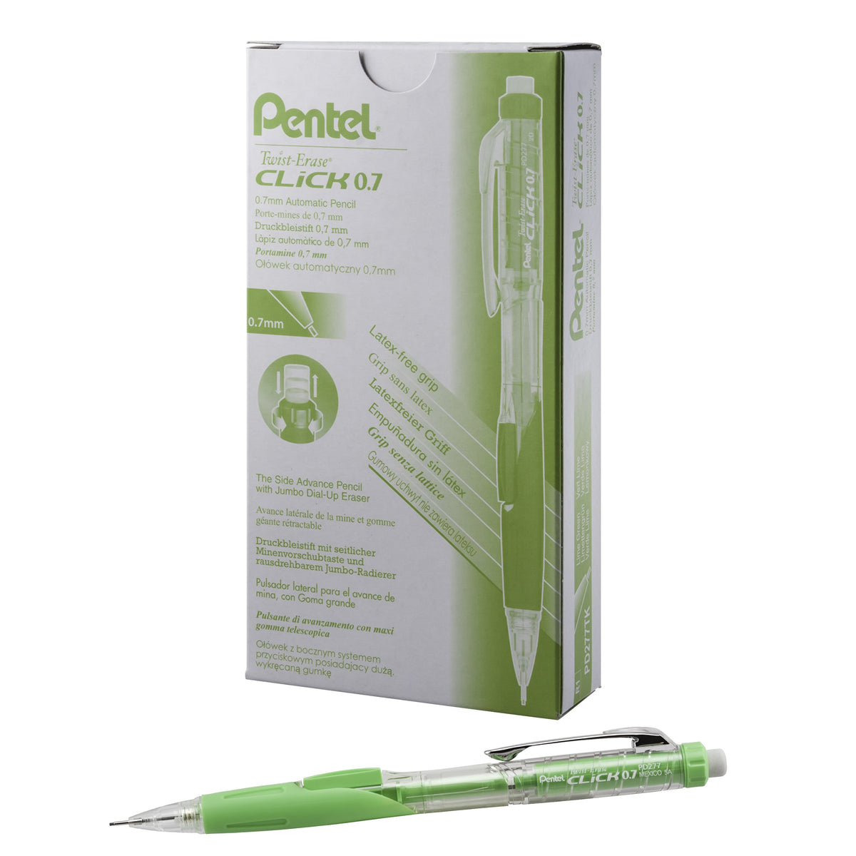 Pentel Twist Erase Click Mechanical Pencil, (07Mm), Clear Barrel, Lime Green Grip, 12 Pack (Pd277Tk)