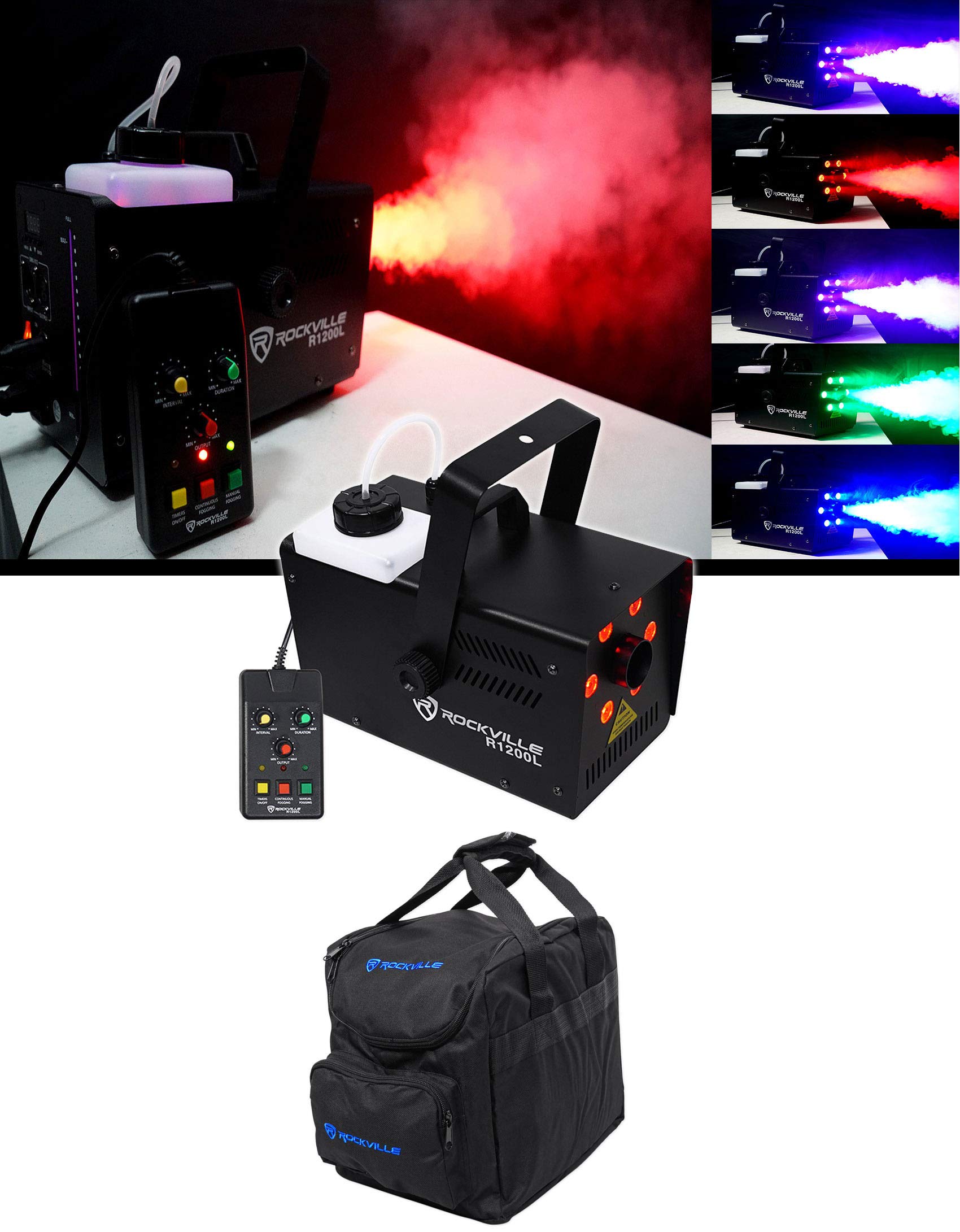Rockville R1200L Fog/Smoke Machine With Rgb Lights, Sound Activated, 2 Remotes, Dmx Control, 12,000 Cfm, Carry Bag, Perfect For