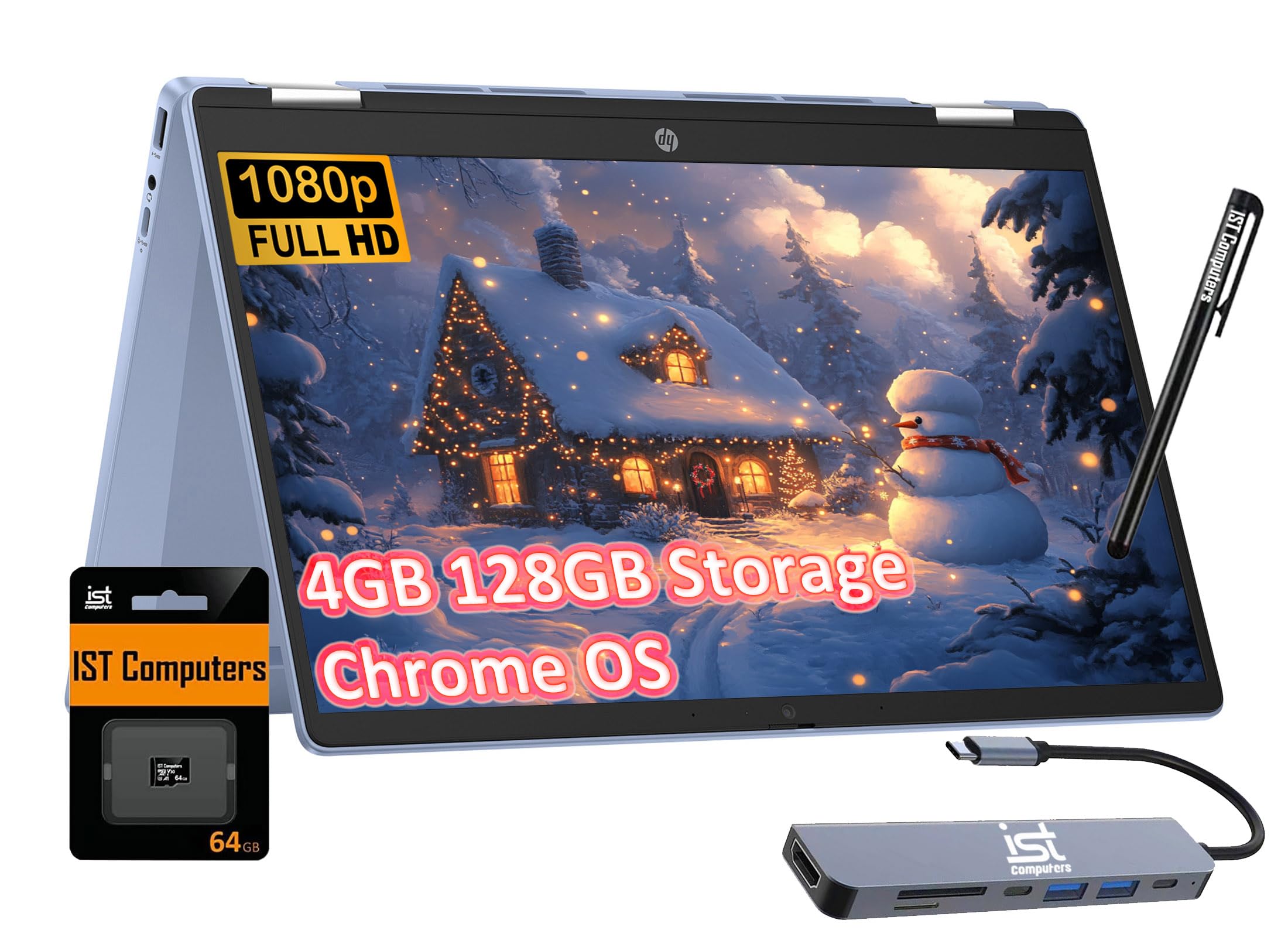 HP Chromebook X360 14b 2-in-1 Laptop (14 FHD Touchscreen, Intel N100, 4GB RAM, 128GB Storage (64GB eMMC + 64GB SD Card)) Home & 