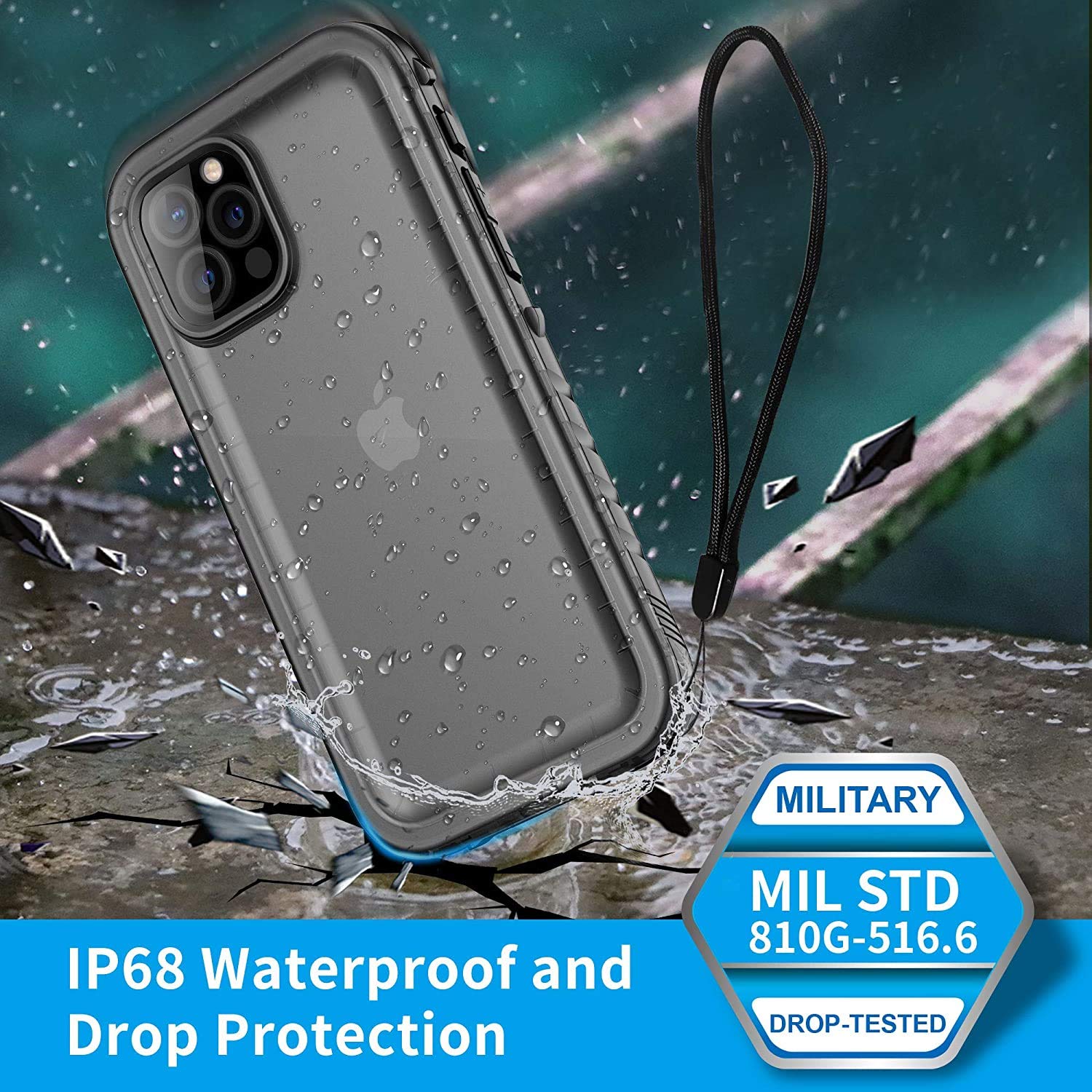 Sportlink Iphone 12 Pro Max Waterproof Case - Rugged Full Body & Screen Protector, Shockproof, Dustproof - Black