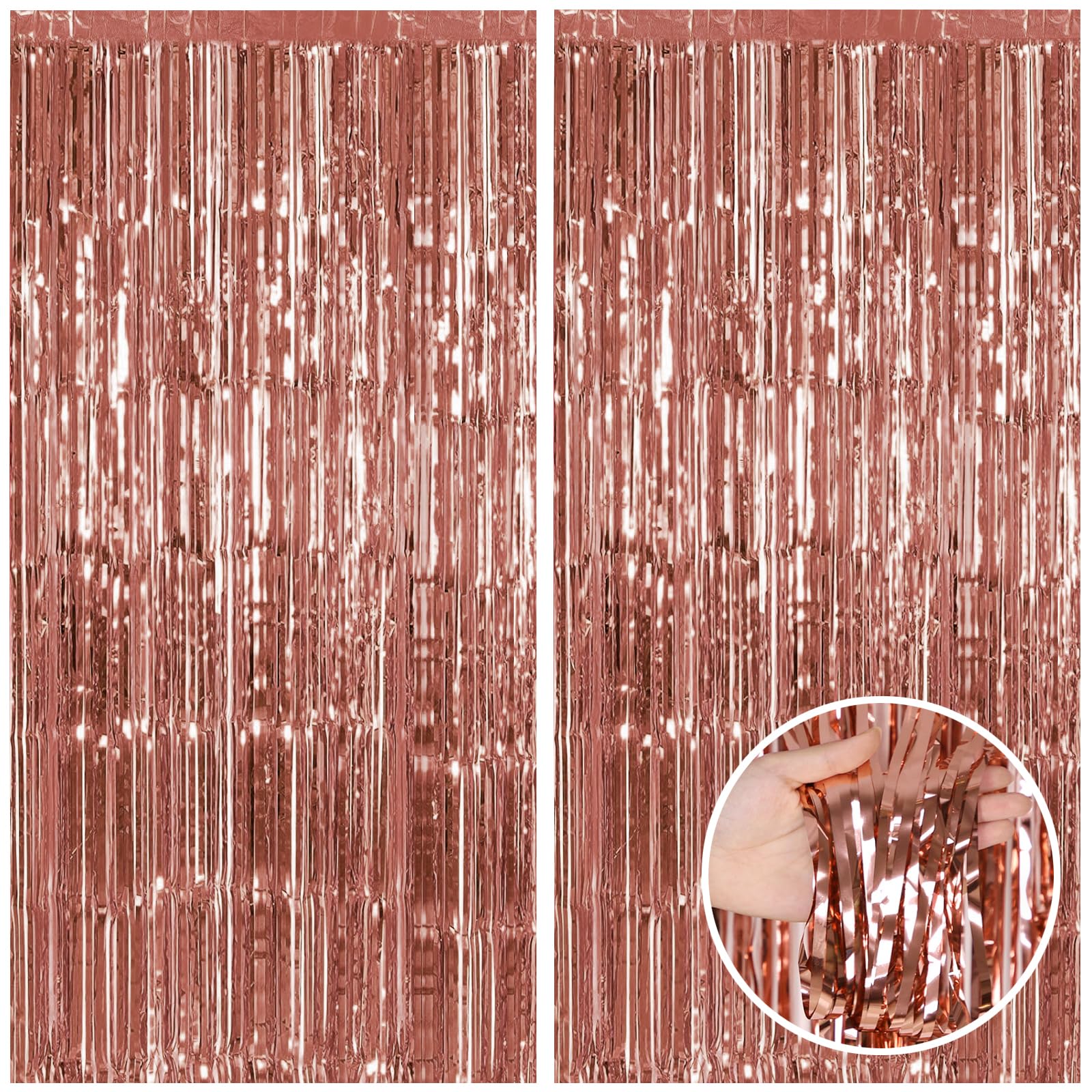 Canrevel 2 Pack 3.3X8.2 Feet Rose Gold Foil Fringe Backdrop Curtains, Tinsel Streamers Birthday Party Decorations, Fringe Backdr