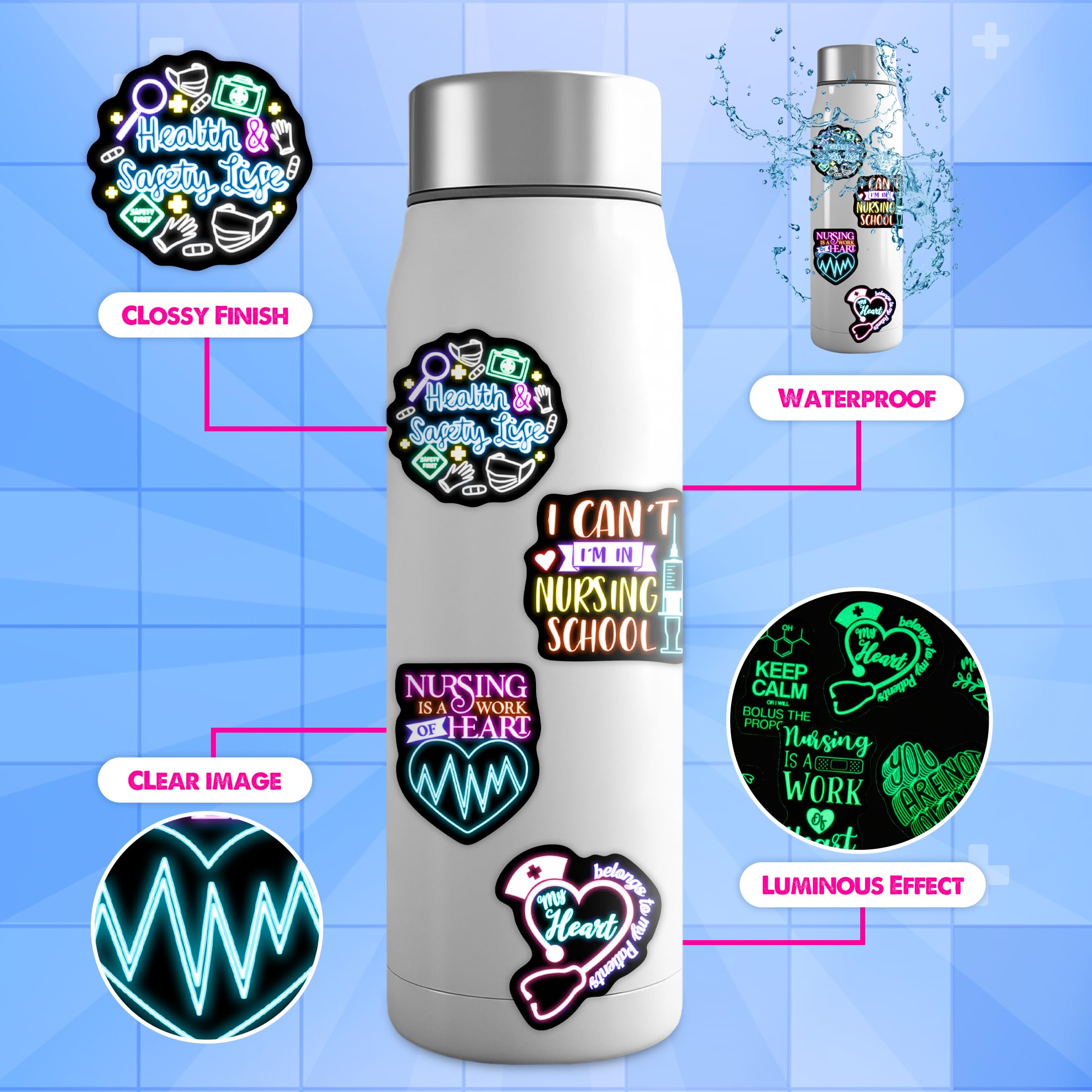 50 Pcs Glow In The Dark Inspirational Quotes Neon Water Bottle Stickers, Creative Nurse Doctor Themed Waterproof Vinyl Laptop De
