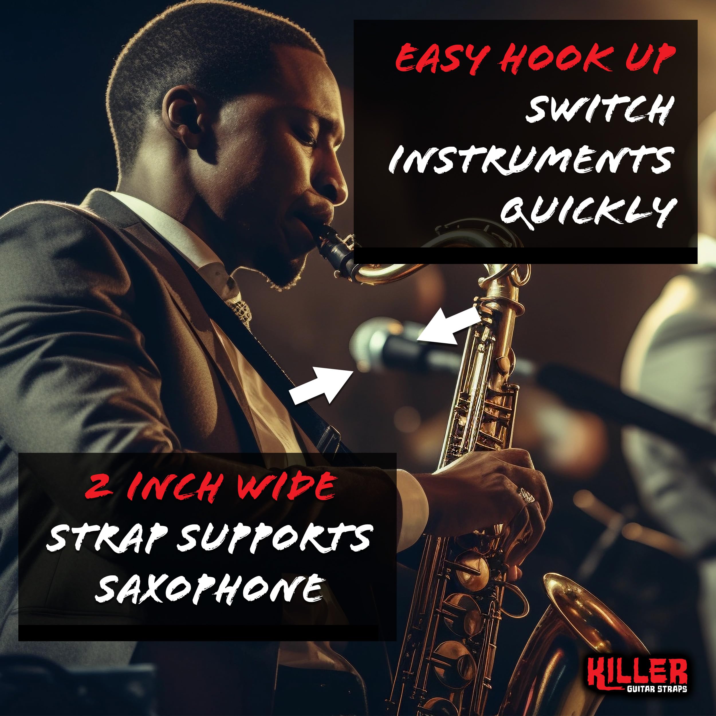 Killer-Q Saxophone Strap - Stylish Quick Release, Adjustable Sax Neck Straps, Woodland Camo Design