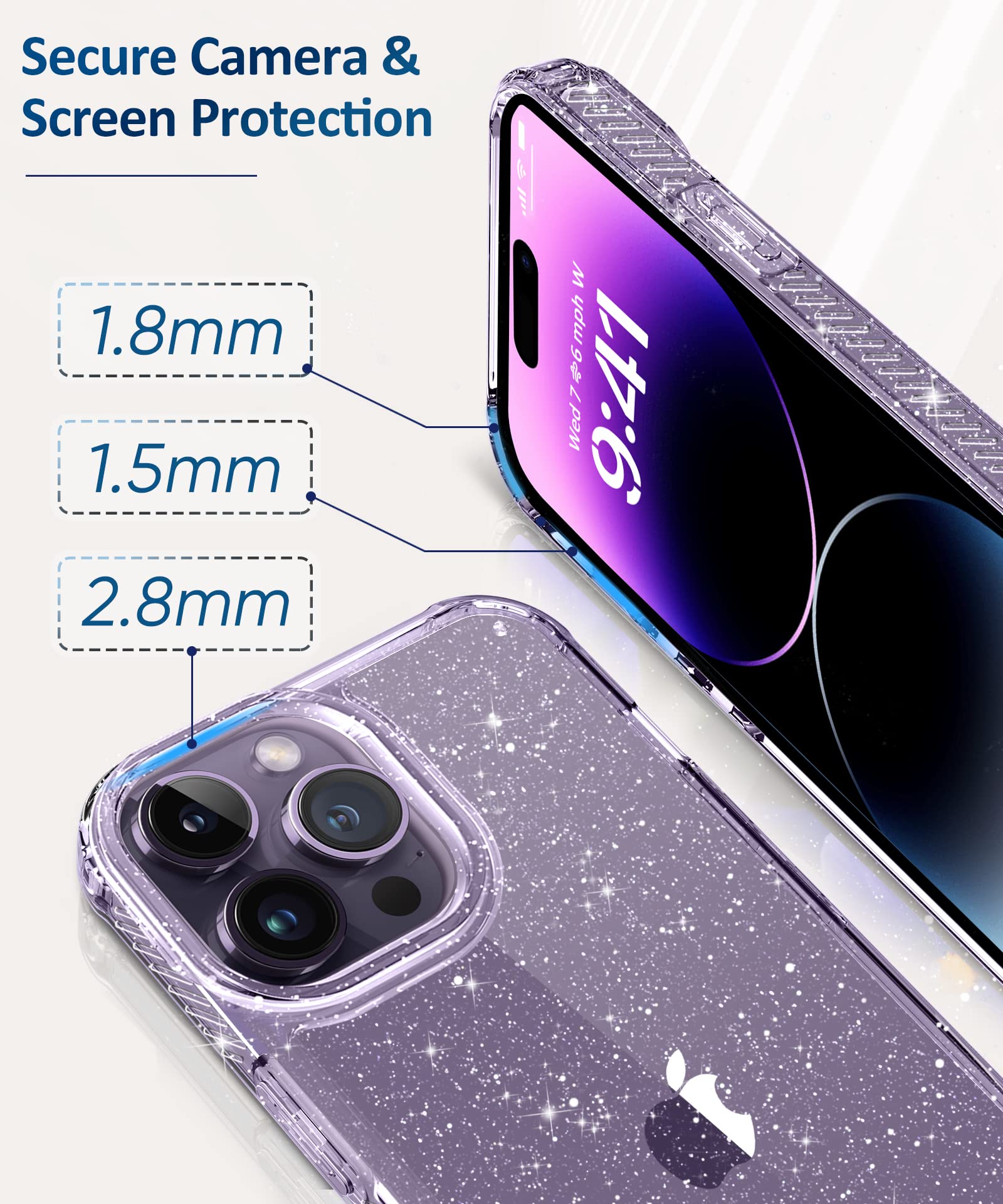Miodik For Iphone 14 Pro Case With Screen Protector + Camera Lens Protector, [Non Yellowing] Clear Glitter Phone Case, Shockproo