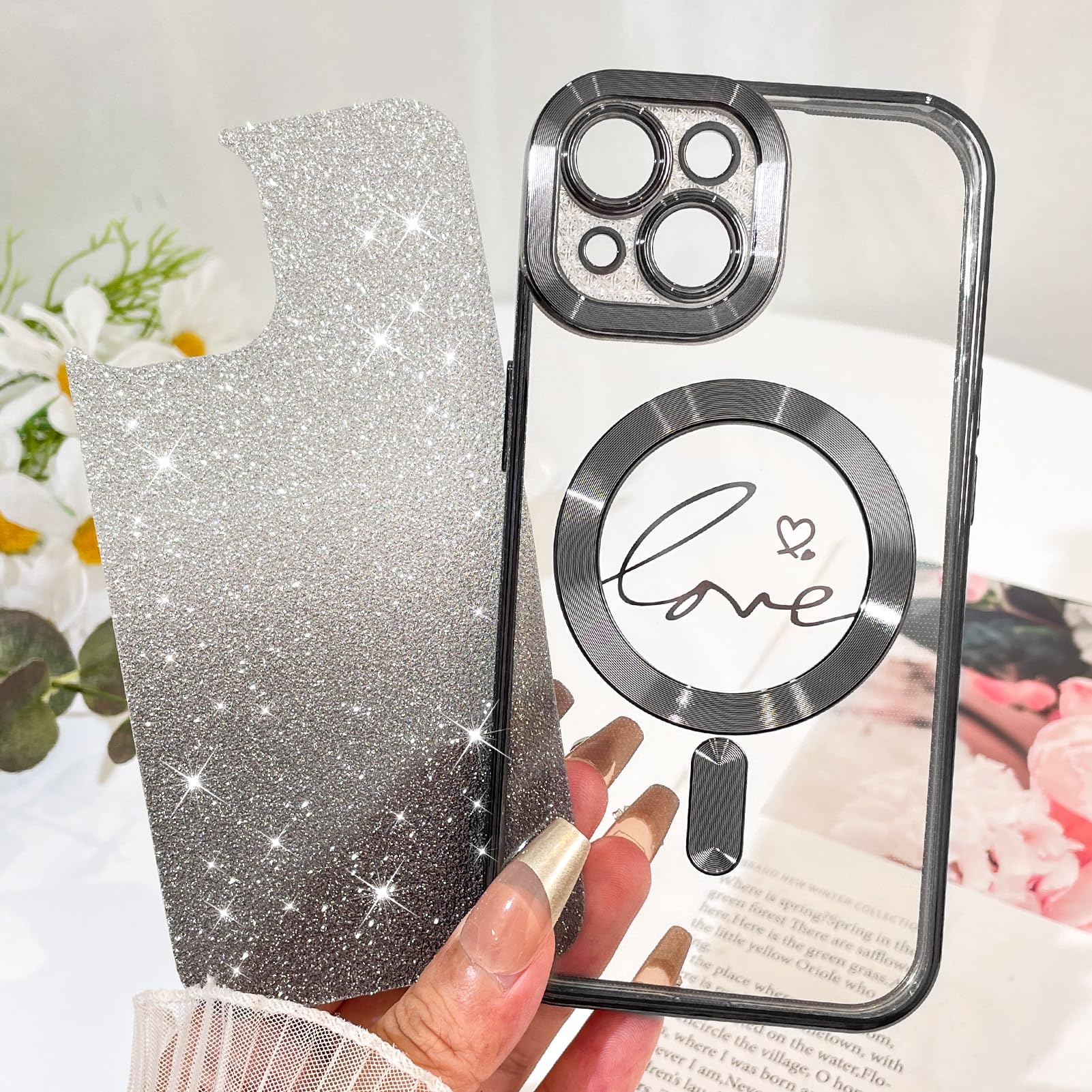 Fiyart Designed For Iphone 15 Plus Case,Compatible With Magsafe Love Heart Plating Camera Protection Clear Phone Case, Magnetic