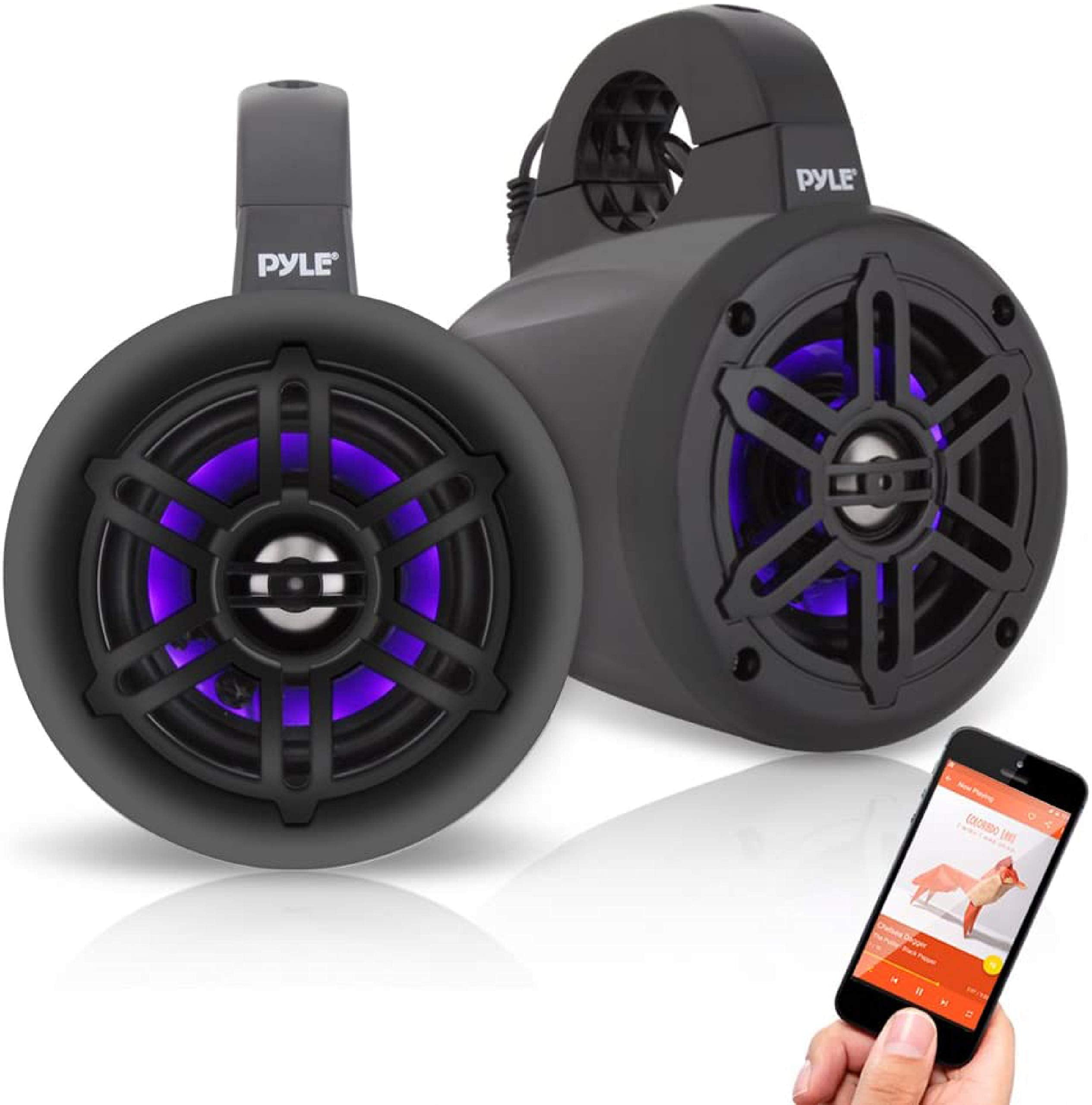 Pyle Waterproof Marine Wakeboard Tower Speakers - 4 Inch Dual Subwoofer Speaker Set w/LED Lights & Bluetooth for Wireless Music 