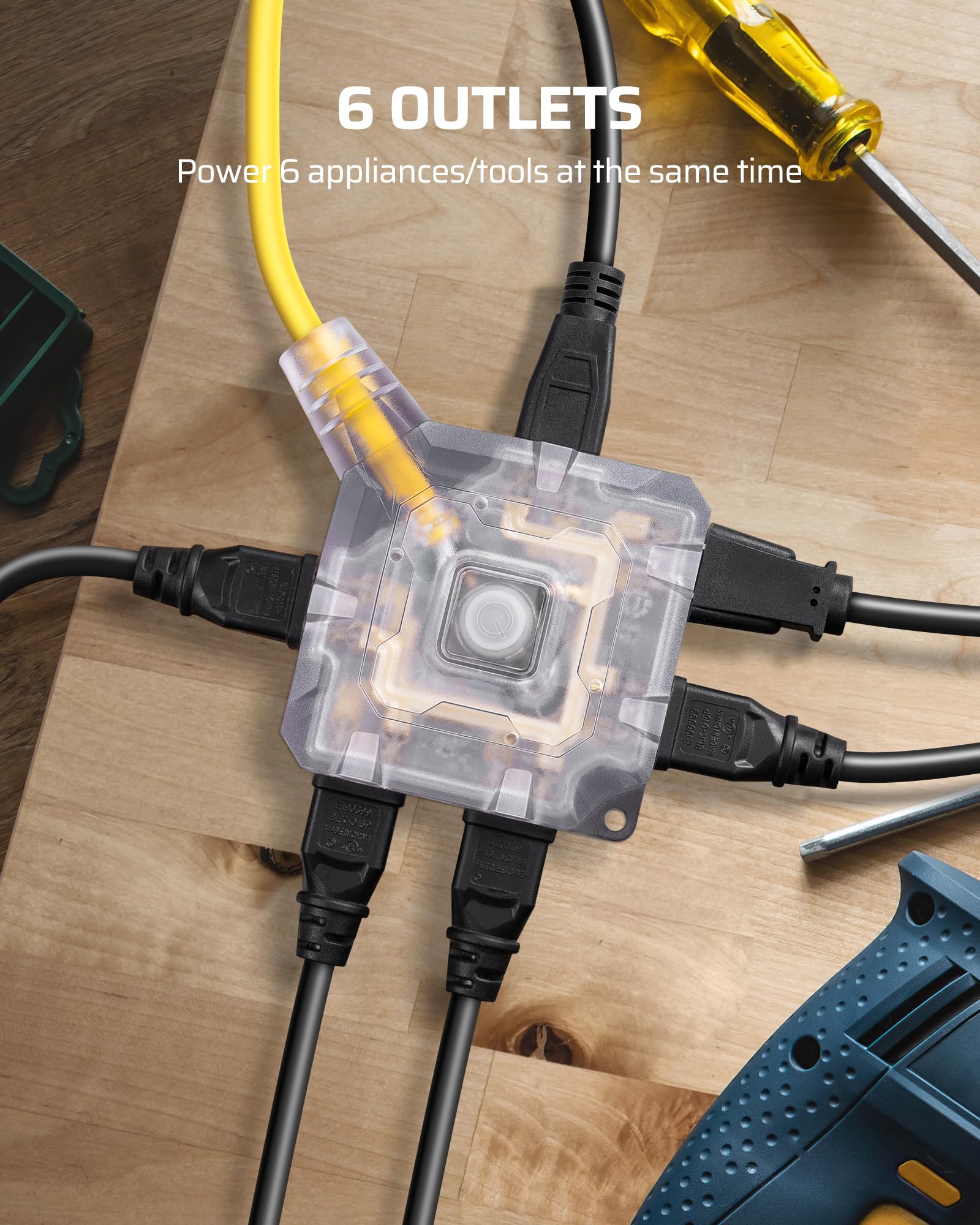 Dewenwils 15Ft Outdoor Heavy Duty Extension Cord, 14 Awg Sjtw Power Cord With Dust Proof & Waterproof Switch, 6 Outlets Transpar