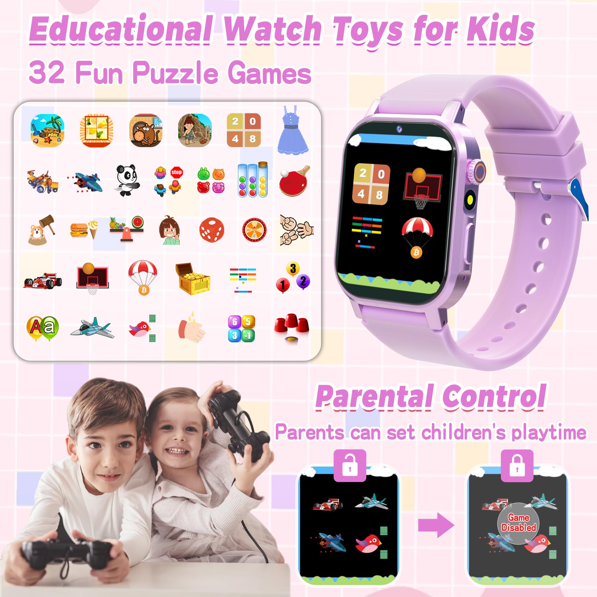 Kids Smart Watches Girls Age 3-12, Smart Watch For Kids With 32 Games Hd Touch Screen Camera Video Alarm Music Audiobooks Pedome