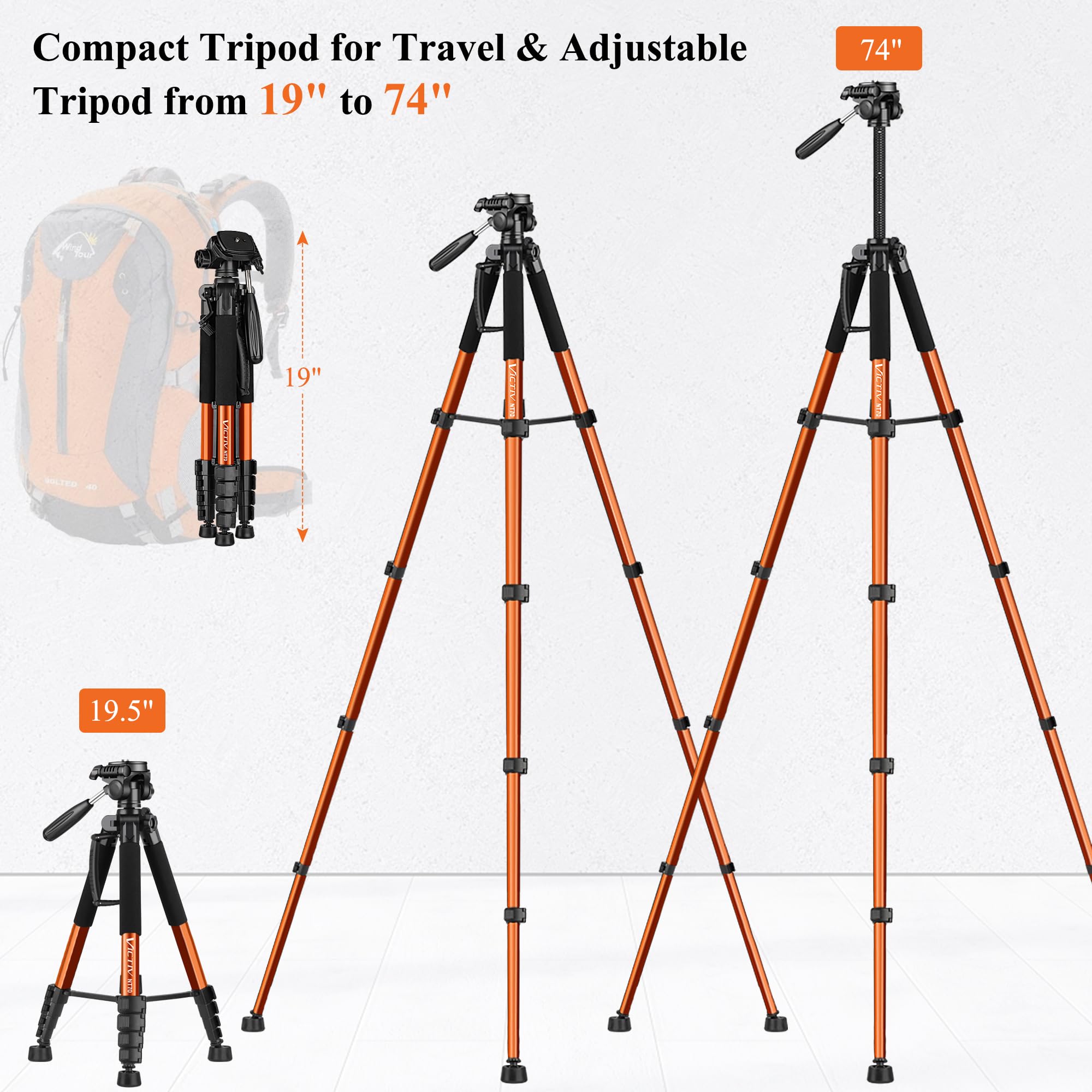 Victiv Tripod 74 Camera Tripod For Cell Phone, Aluminum Professional Heavy Duty Camera Tripod Stand, Tripod For Camera Dslr Slr With Carry Bag, Compatible With Canon Nikon Iphone