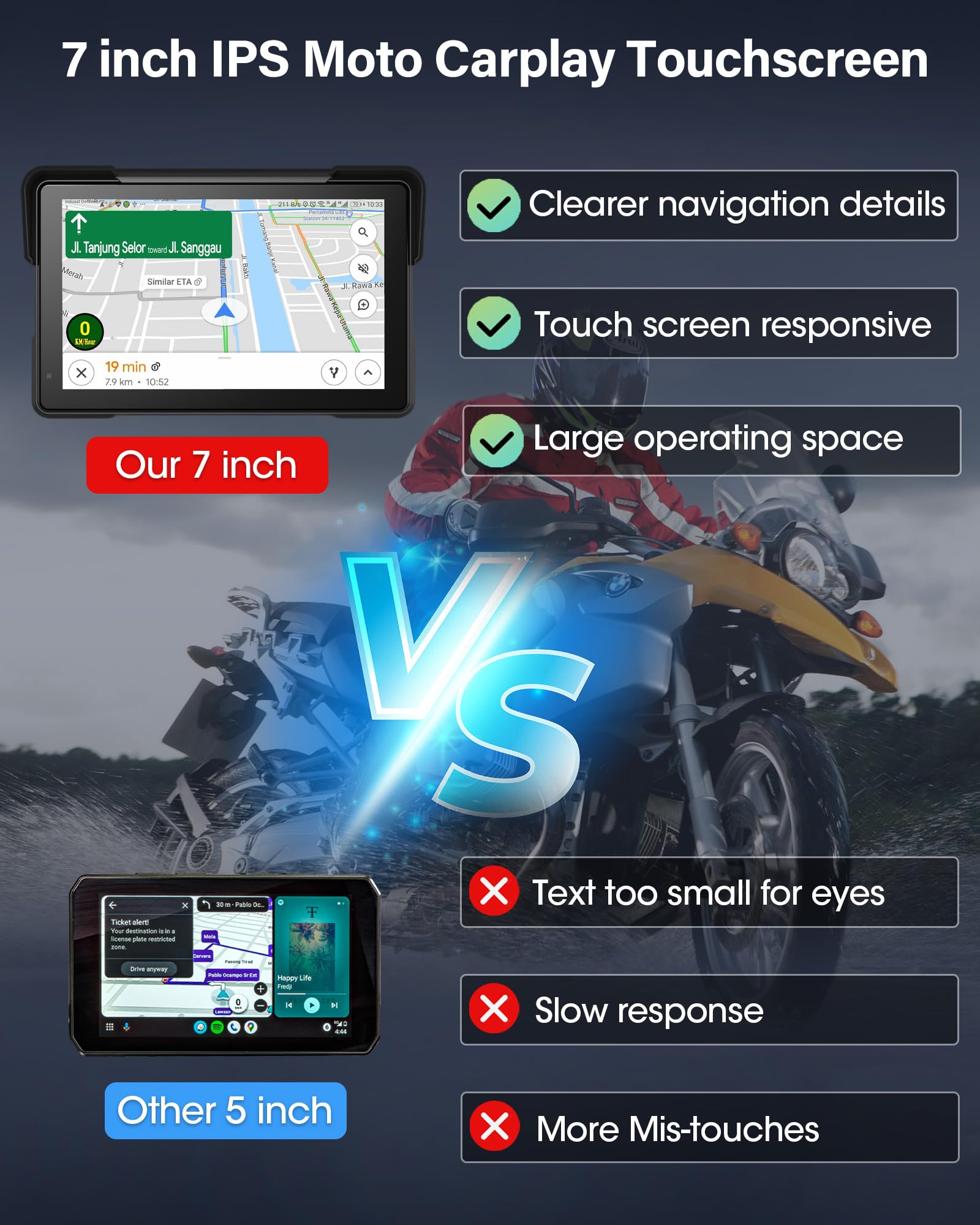 Jelkuz 7 Inch 4K Motorcycle Carplay W 4K Dash Cam Android Auto Screen For Moto Wireless Carplay Dvr With Dual Cameras For Motorb
