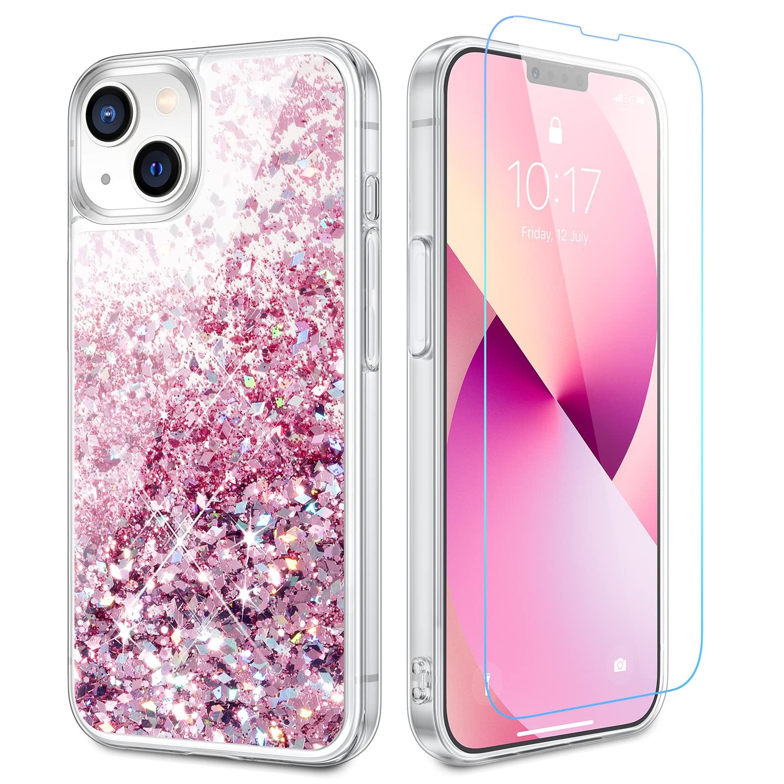 Caka Compatible For Iphone 13 Case, Iphone 14 Case With Screen Protector For Women Bling Sparkle Luxury Flowing Floating Clear C