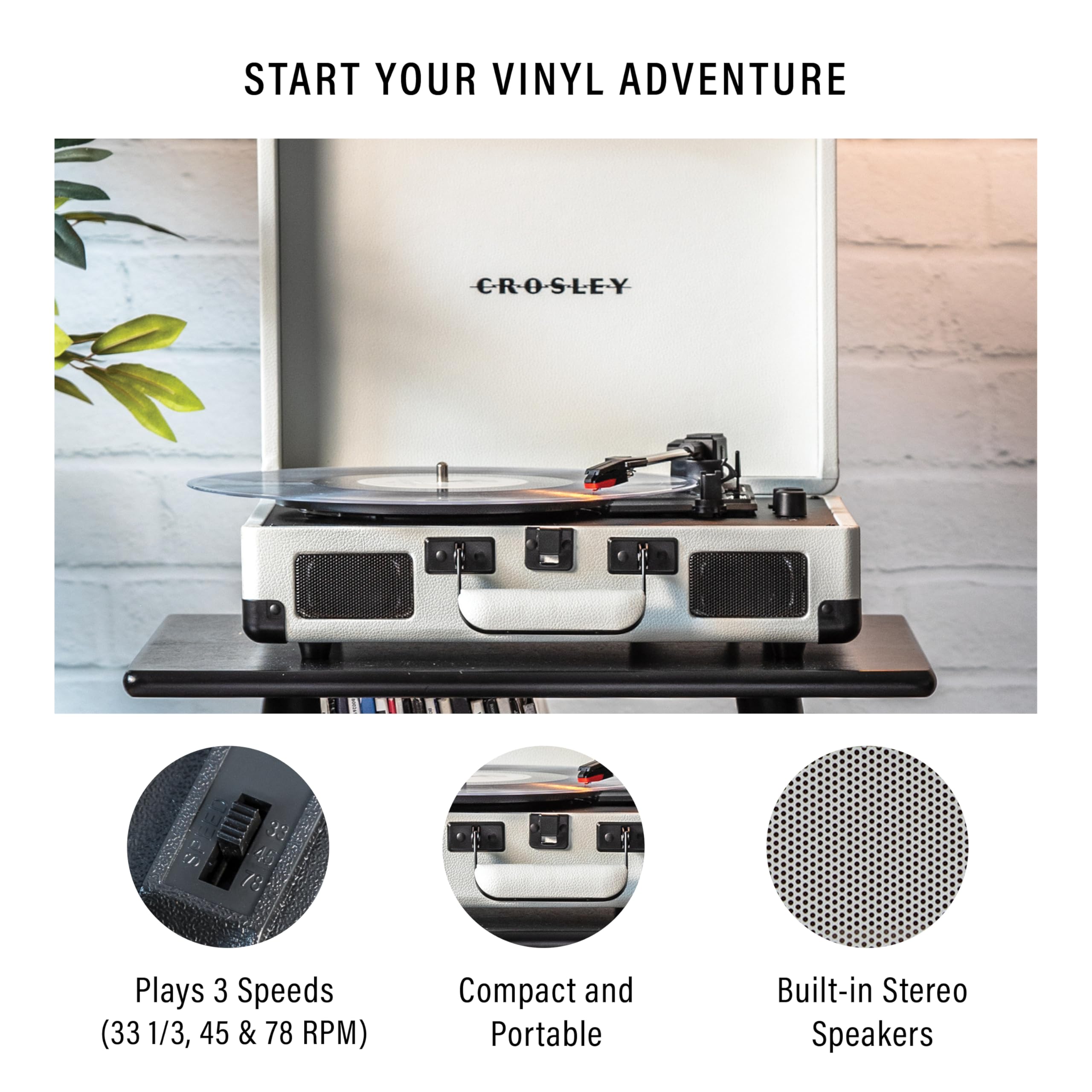 Crosley Cr8005Dp Wf Cruiser Plus Vintage 3 Speed Bluetooth In/Out Suitcase Vinyl Record Player Turntable, White Farmhouse