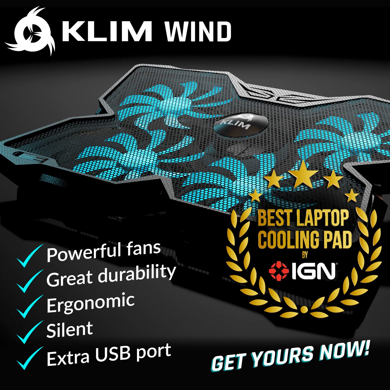Klim Wind Laptop Cooling Pad   More Than 500 000 Units Sold   New Version 2024   The Most Powerful Rapid Action Cooling Fan   La
