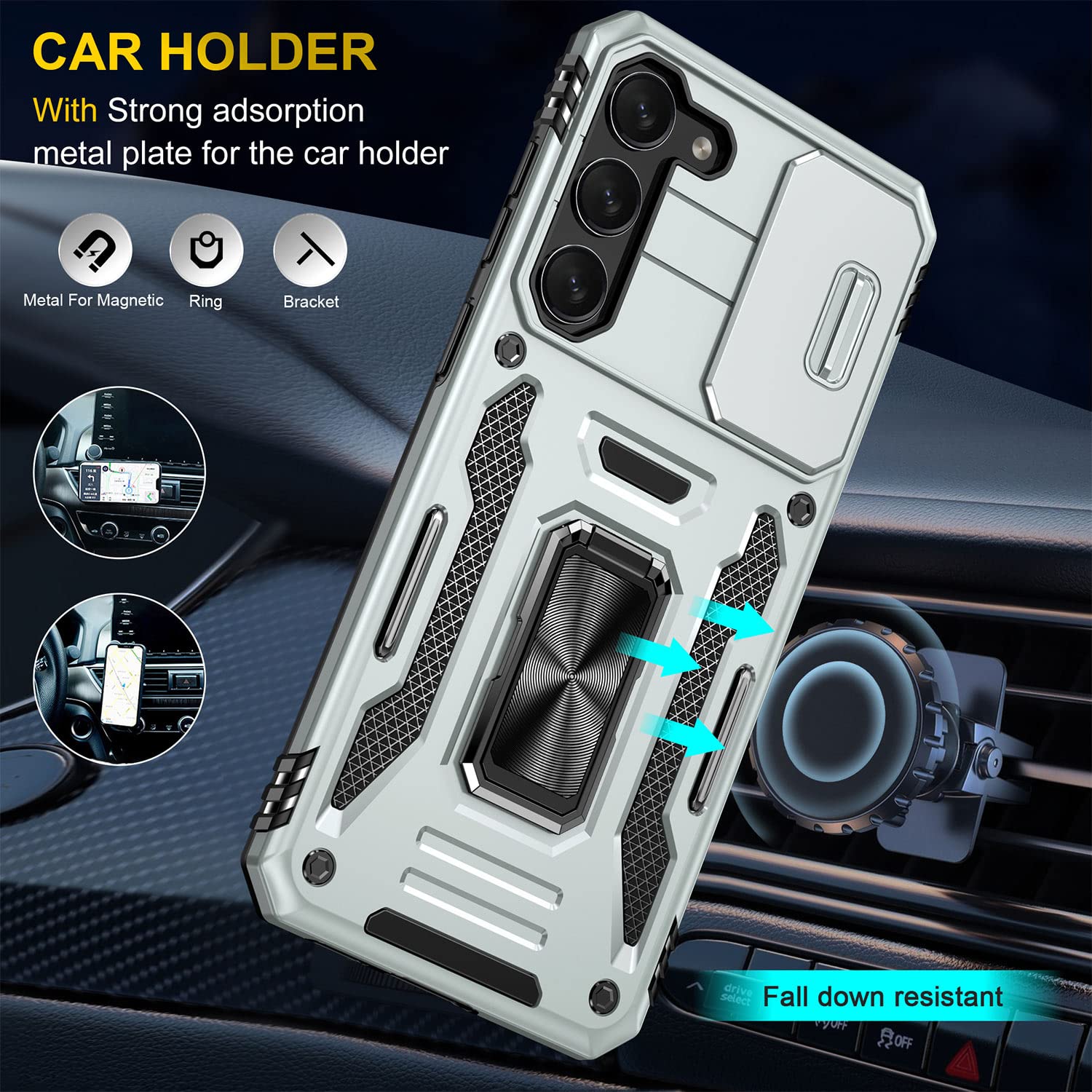SEFING Samsung Galaxy S23 Phone Case with Kickstand, Camera Cover & Magnetic Car Mount - Grey TPU